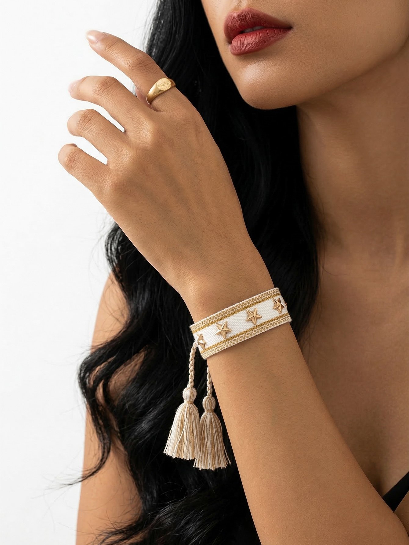 Multi-Color Star Embellished Woven Bracelet with Tassel Charm