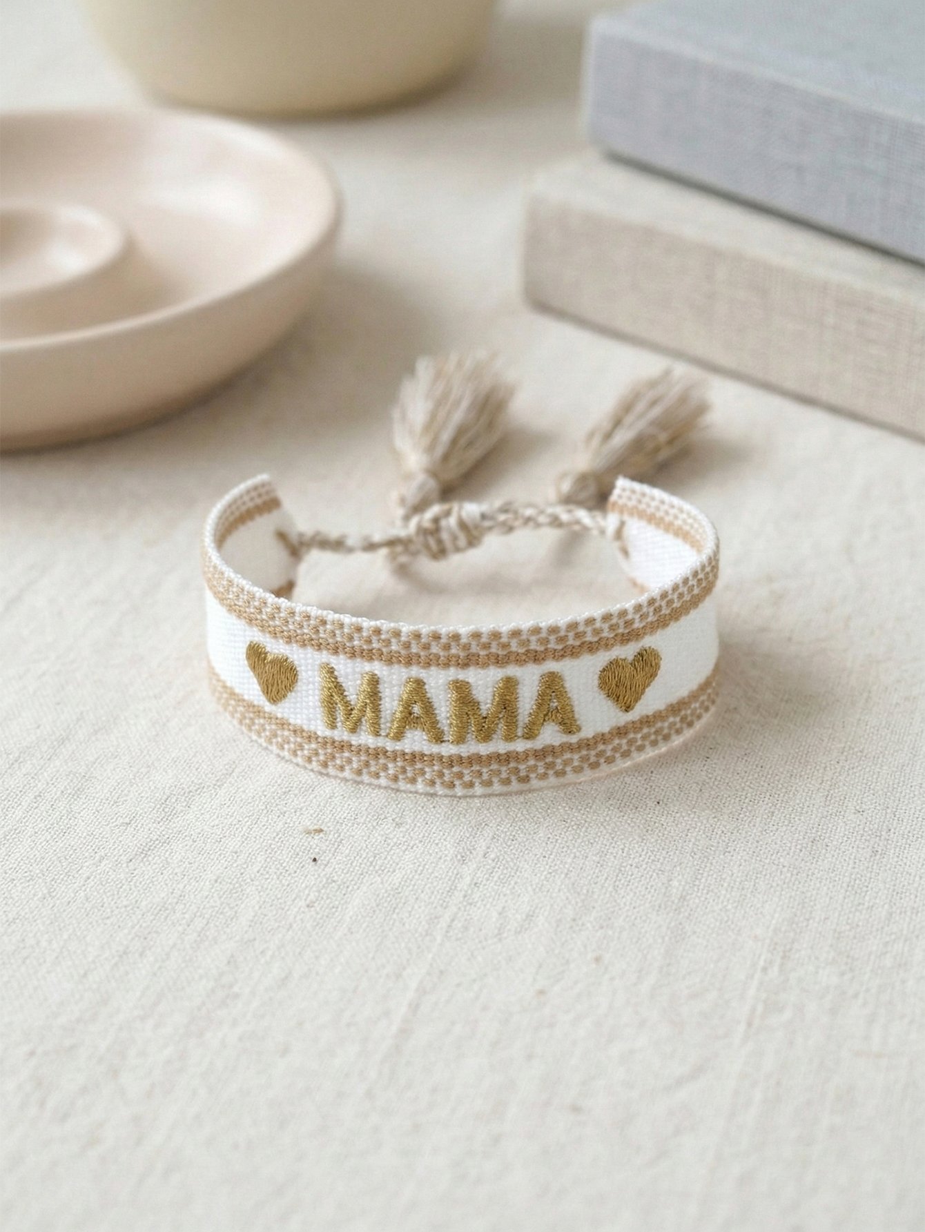 Multi-Color Embroidered Woven Bracelet with Tassel Charm