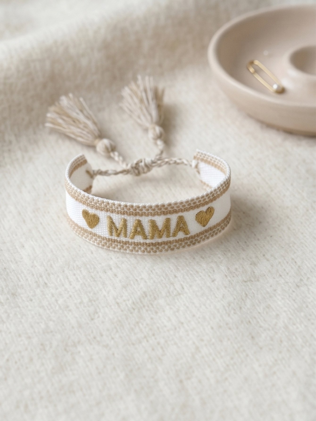 Multi-Color Embroidered Woven Bracelet with Tassel Charm