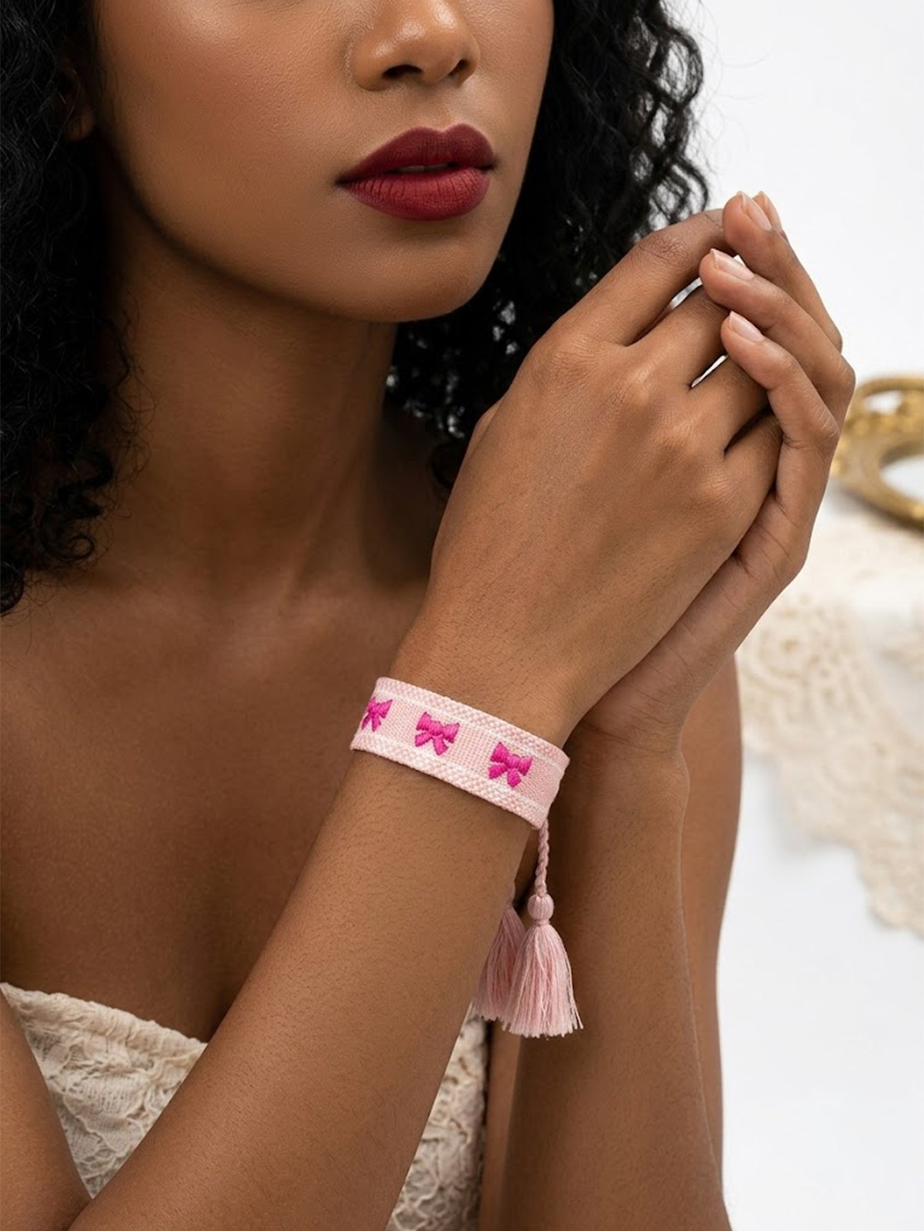 Multi-Color Embroidered Woven Bracelet with Tassel Charm