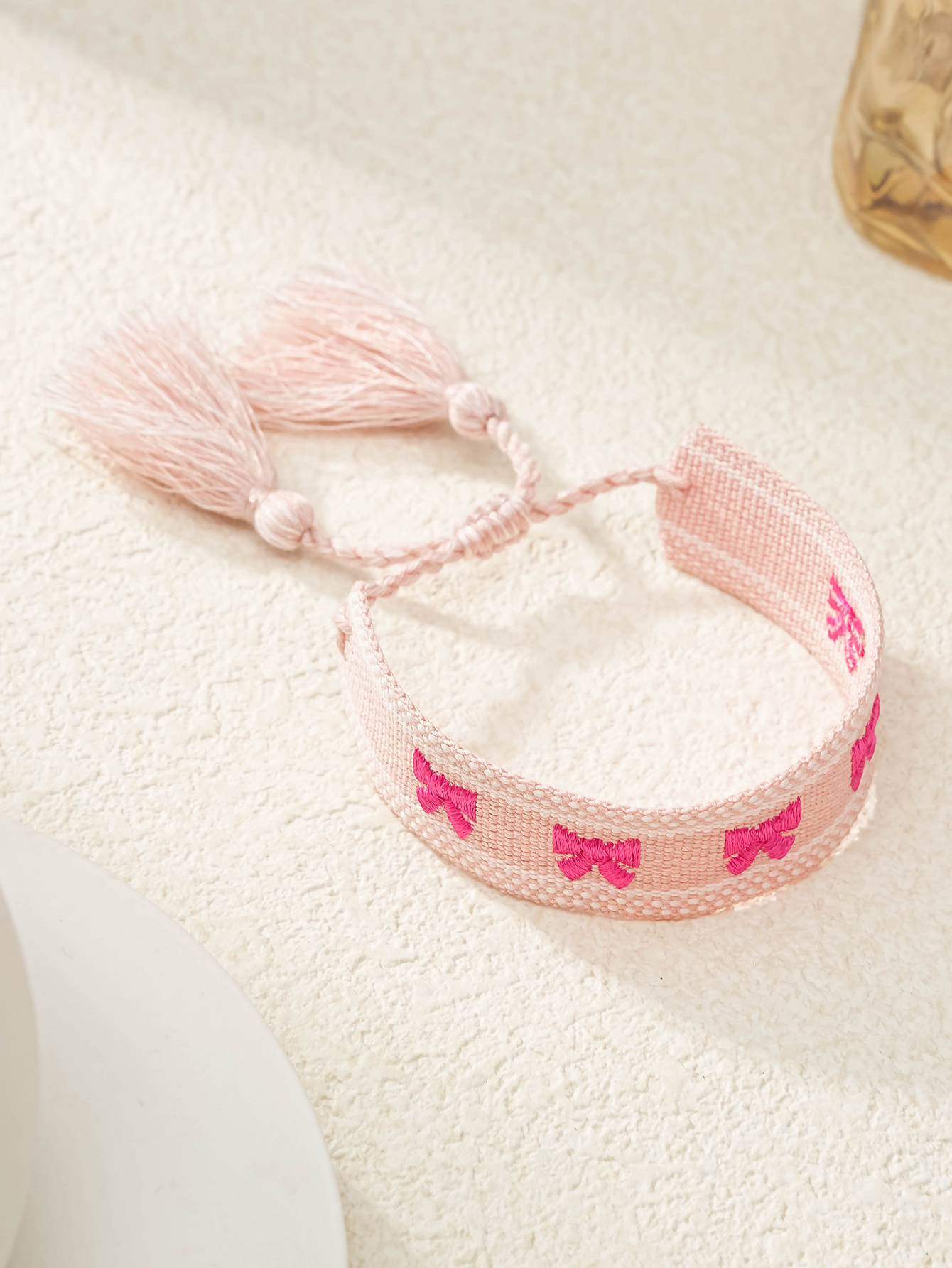 Multi-Color Embroidered Woven Bracelet with Tassel Charm