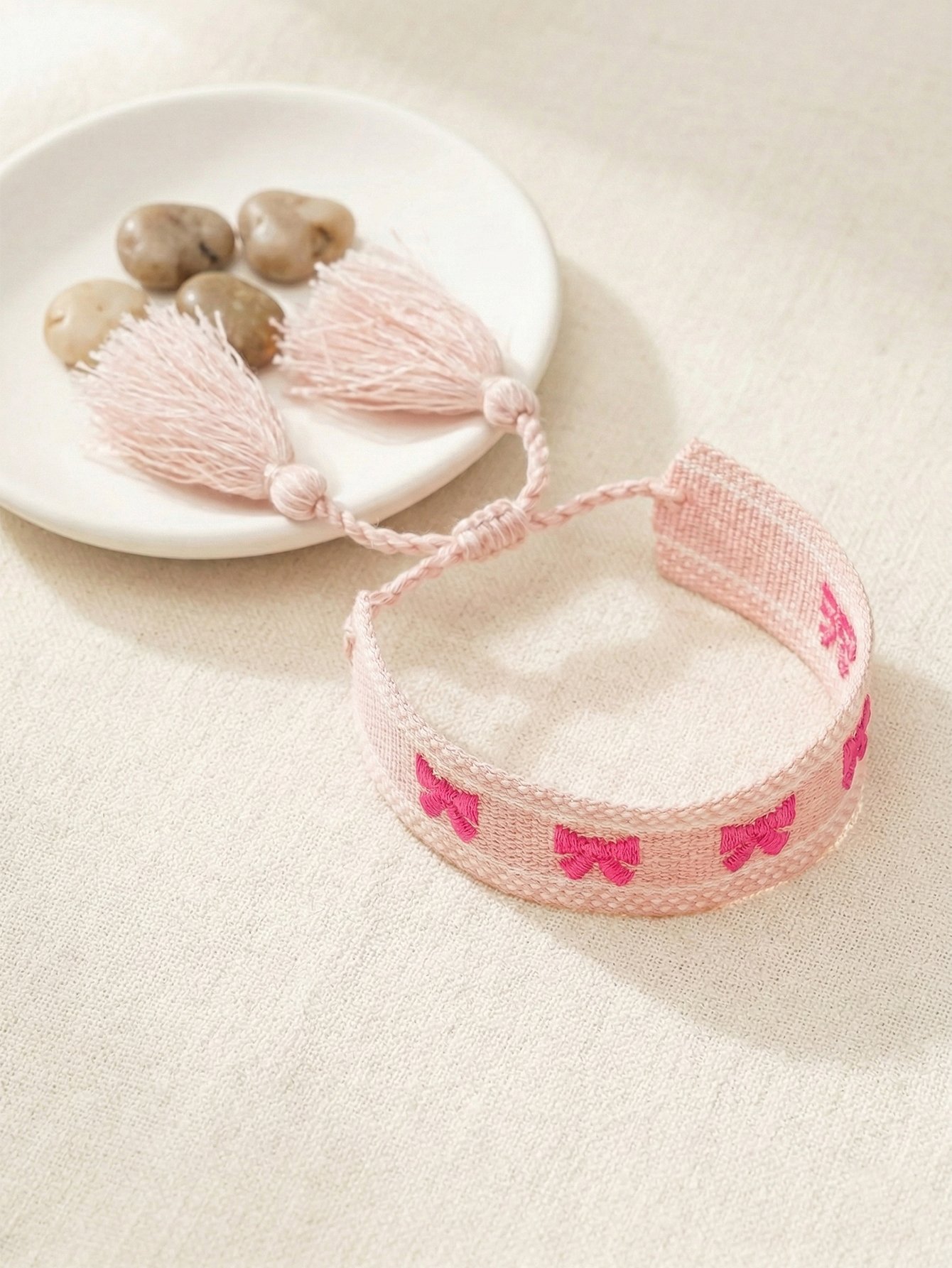 Multi-Color Embroidered Woven Bracelet with Tassel Charm