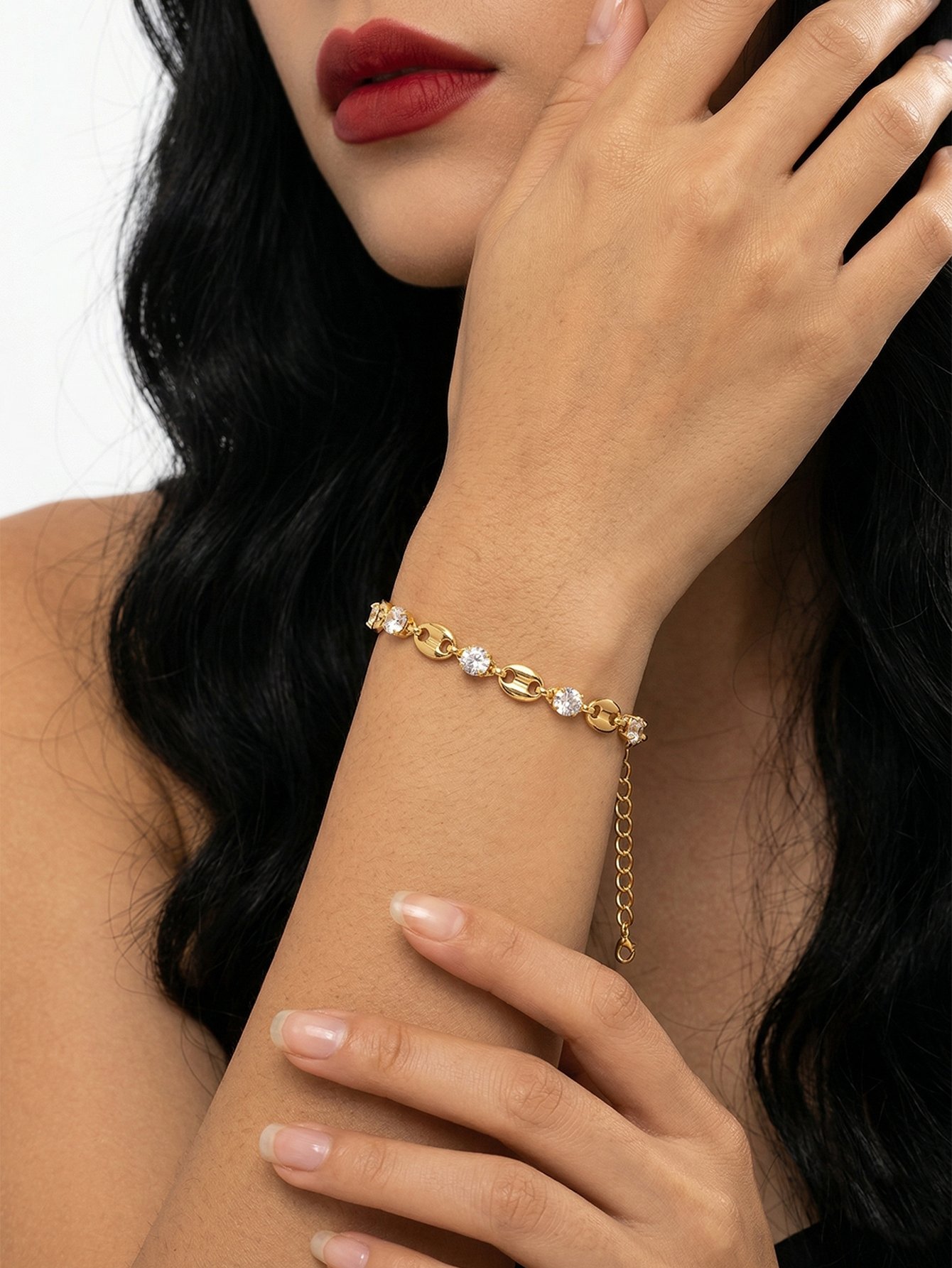 Gold Tone Rhinestone Embellished Coffee Bean-Shaped Link Bracelet