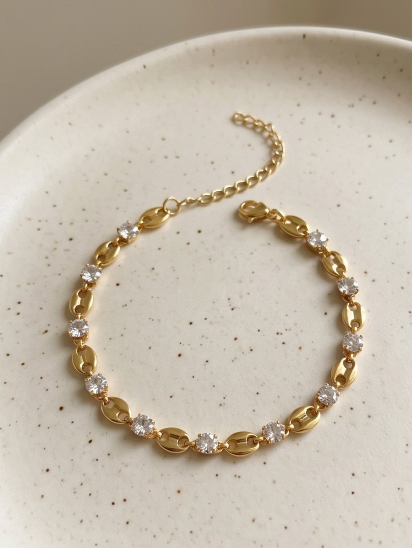 Gold Tone Rhinestone Embellished Coffee Bean-Shaped Link Bracelet