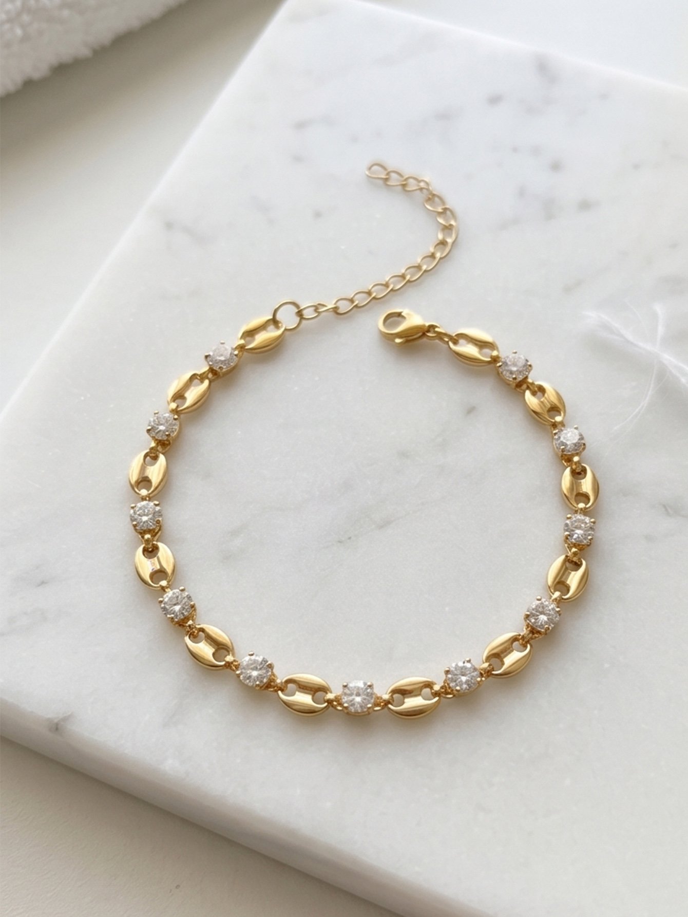 Gold Tone Rhinestone Embellished Coffee Bean-Shaped Link Bracelet