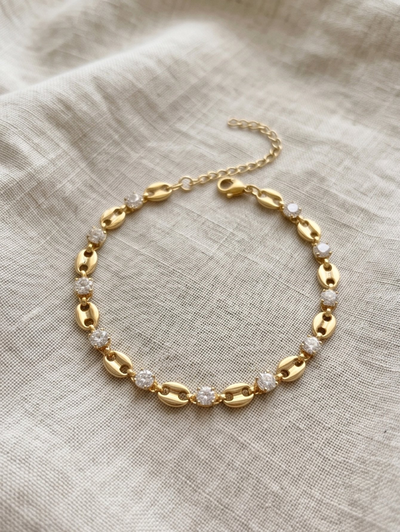 Gold Tone Rhinestone Embellished Coffee Bean-Shaped Link Bracelet