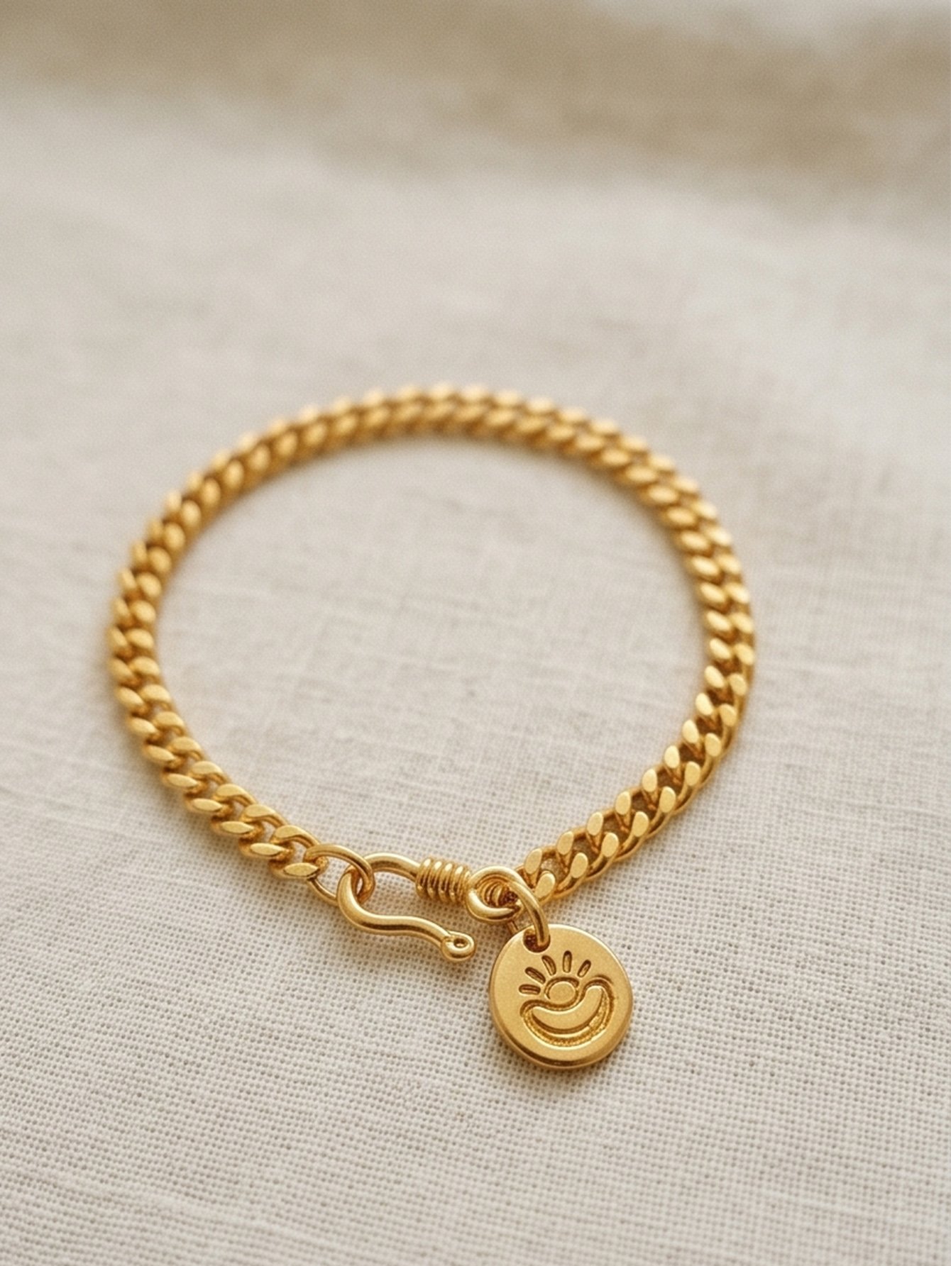 Gold Tone Link Bracelet with Round Charm