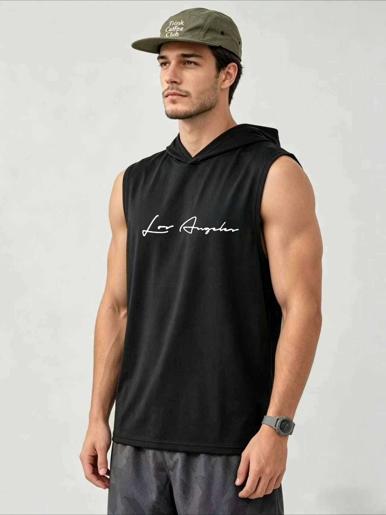 Men Black Los Angeles Graphic Hooded Tank Top