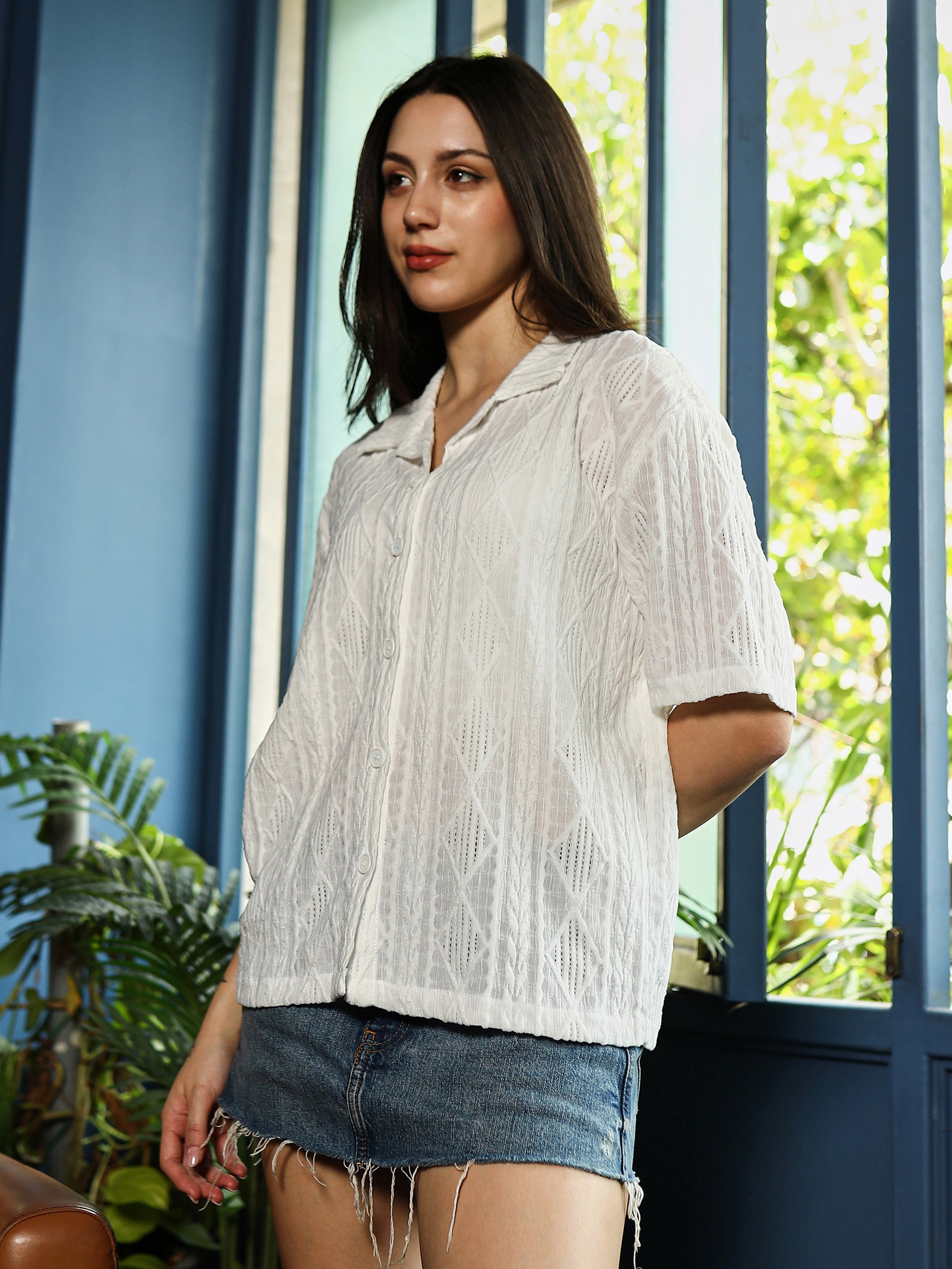 White Indie-Geometric Tactile Oversized Shirt