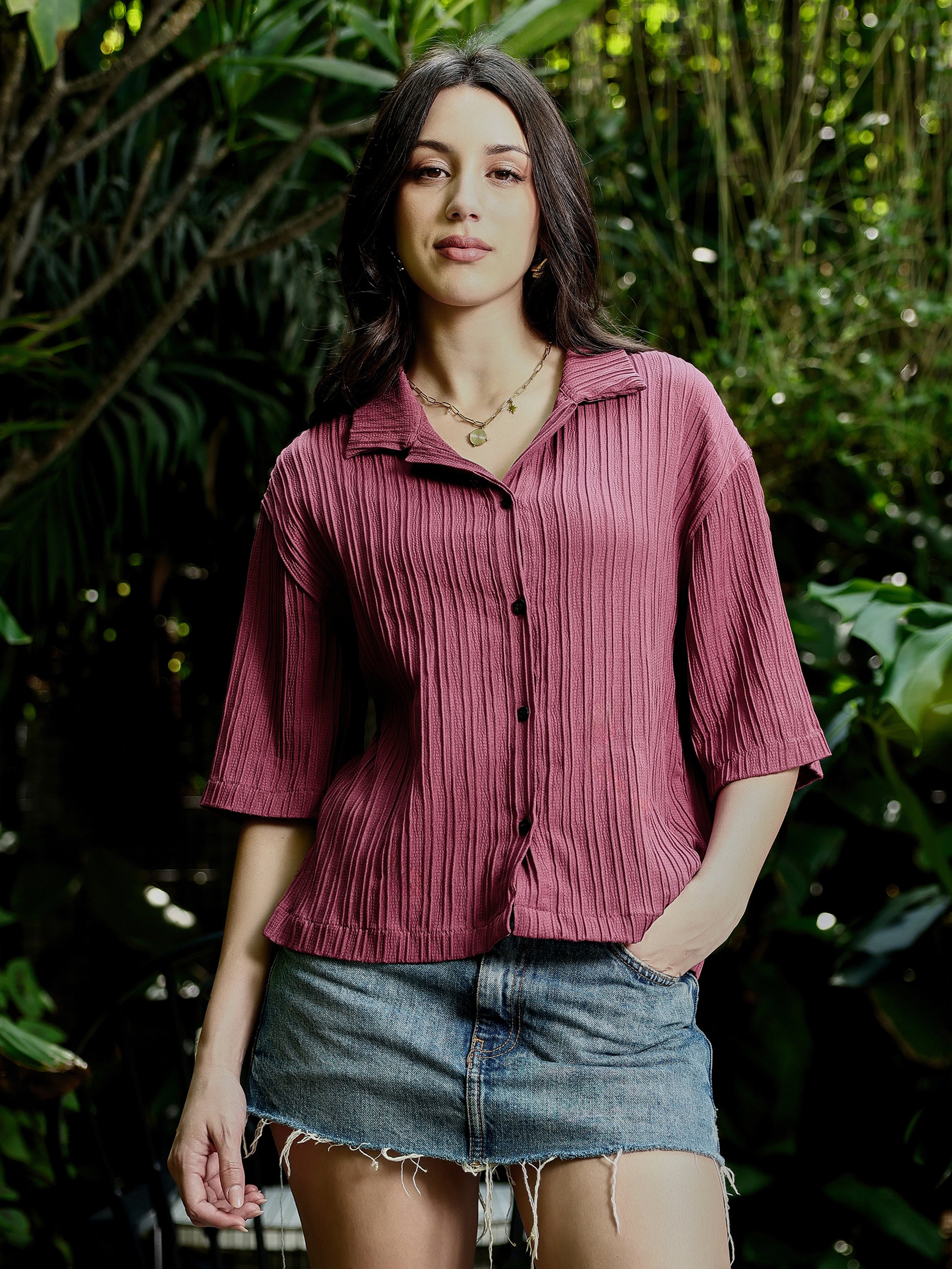 Red Pin-Tactile Boxy Crop Shirt
