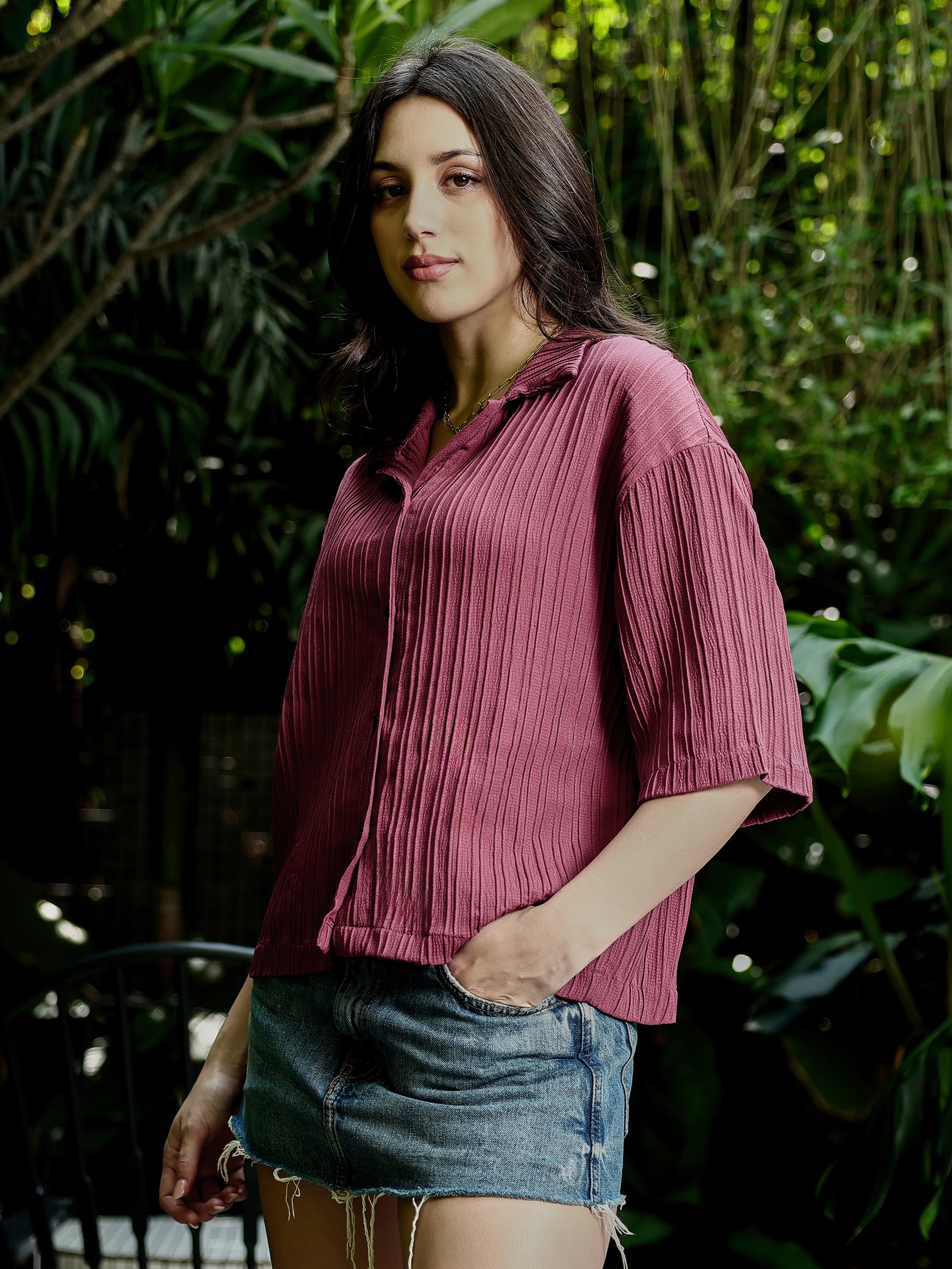 Red Pin-Tactile Boxy Crop Shirt