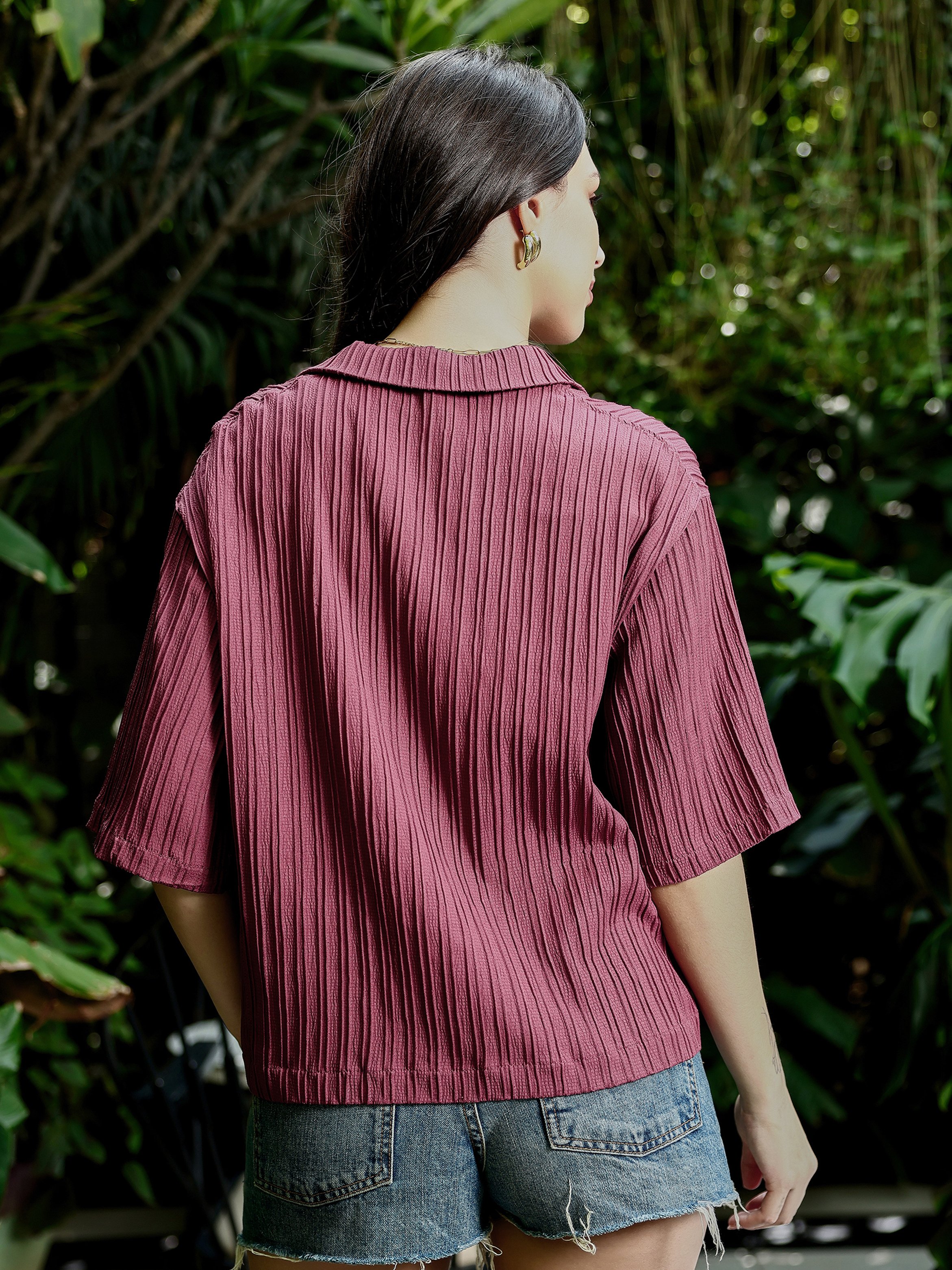 Red Pin-Tactile Boxy Crop Shirt