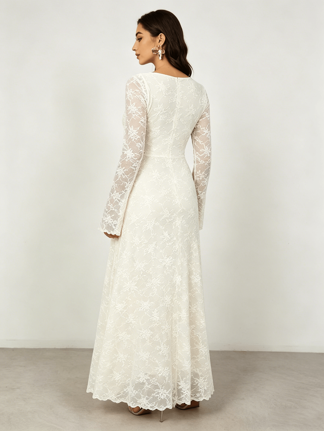 White Floral Lace Asymmetric Neck Maxi Dress