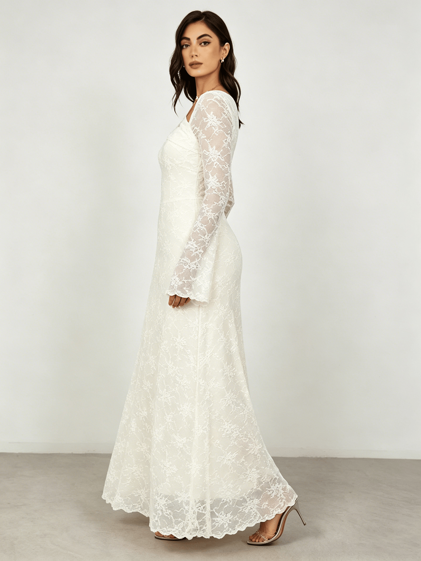 White Floral Lace Asymmetric Neck Maxi Dress