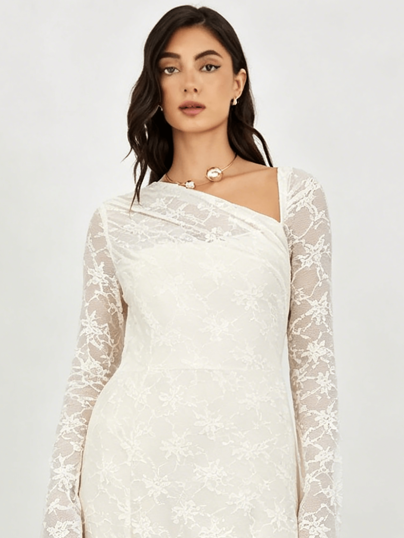 White Floral Lace Asymmetric Neck Maxi Dress