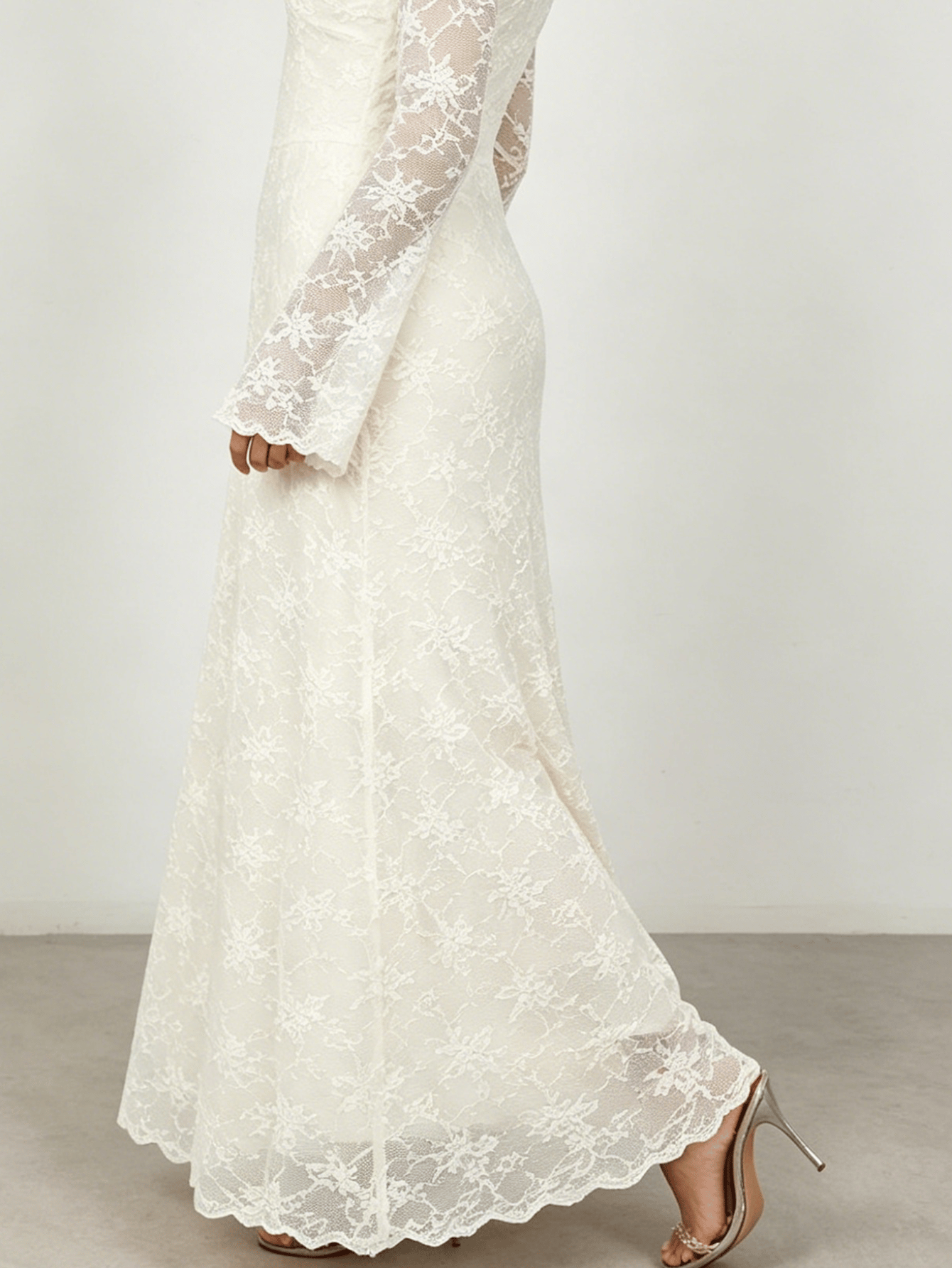 White Floral Lace Asymmetric Neck Maxi Dress