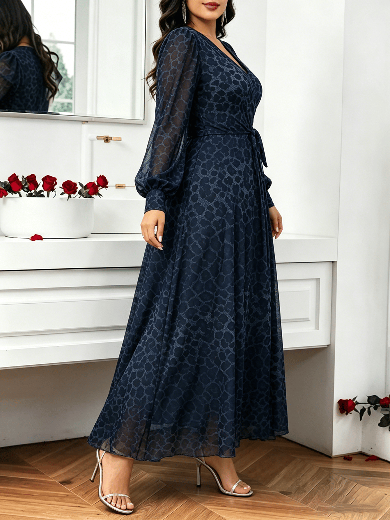 Navy Blue Animal Print Wrap Maxi Dress For Women at Bahrain
