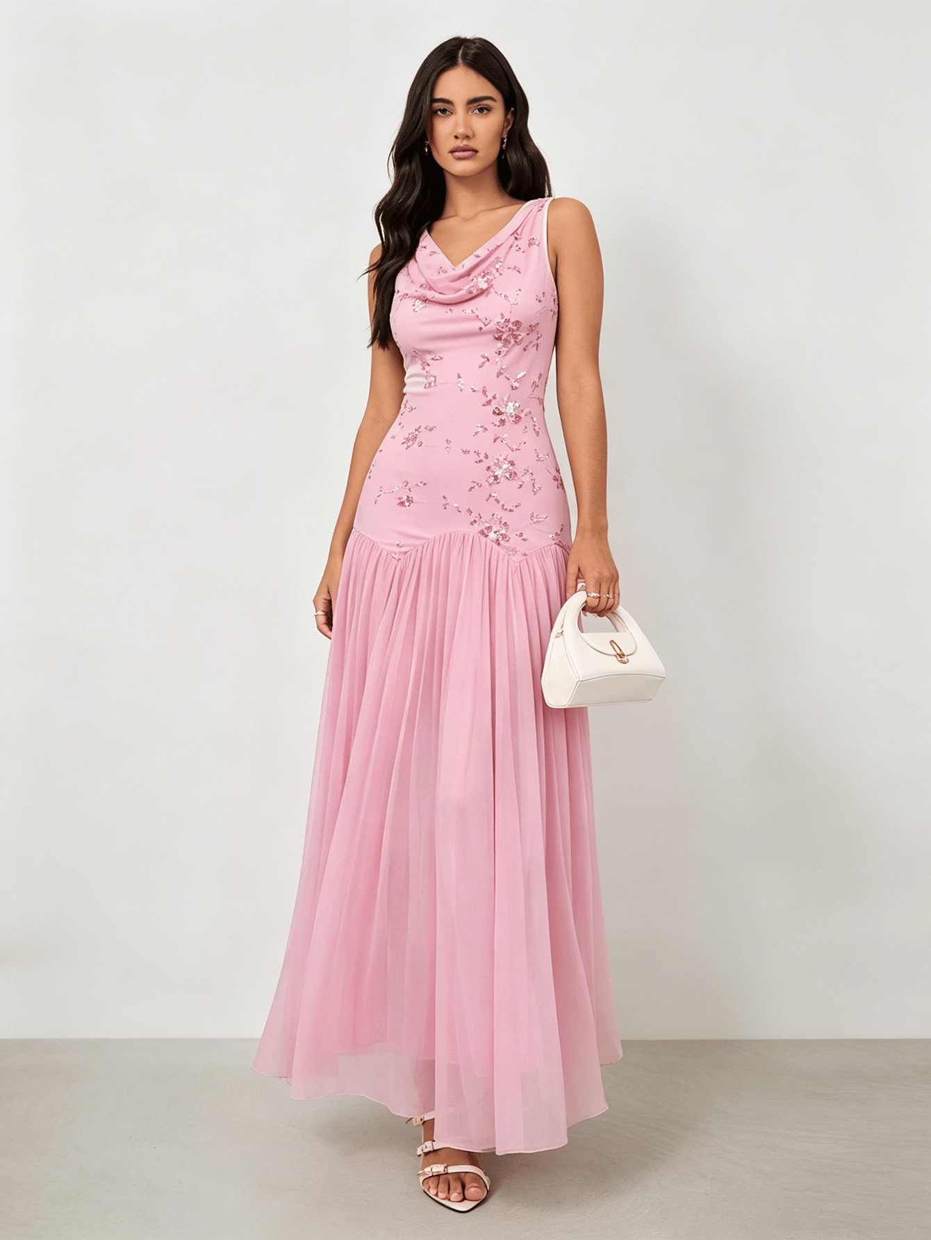 Pink Floral Sequin Cowl Neck Maxi Dress