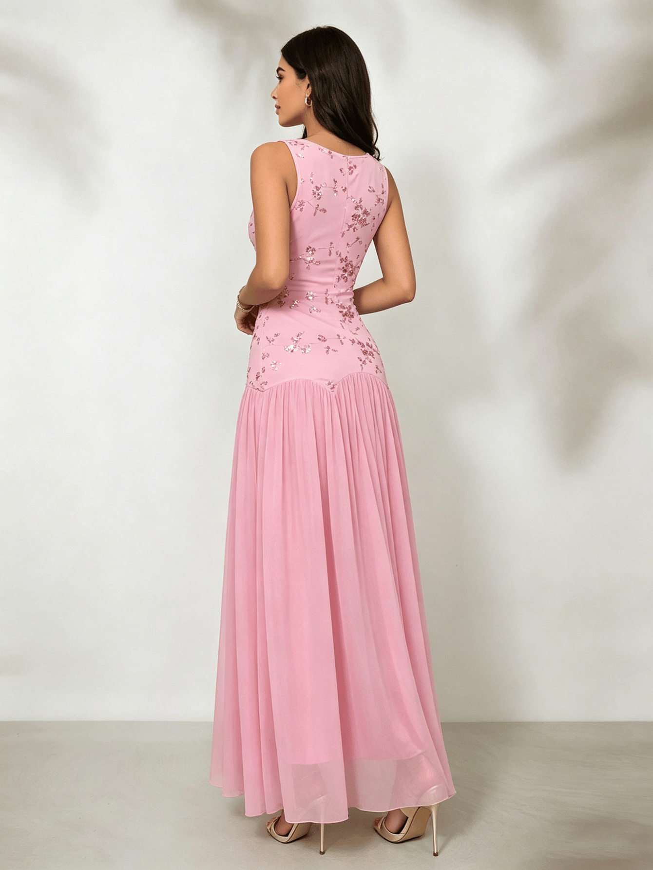 Pink Floral Sequin Cowl Neck Maxi Dress