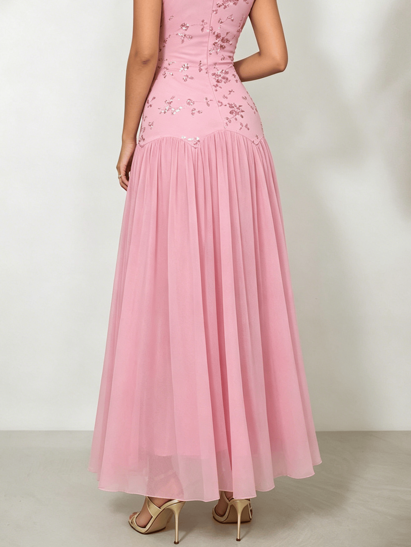 Pink Floral Sequin Cowl Neck Maxi Dress