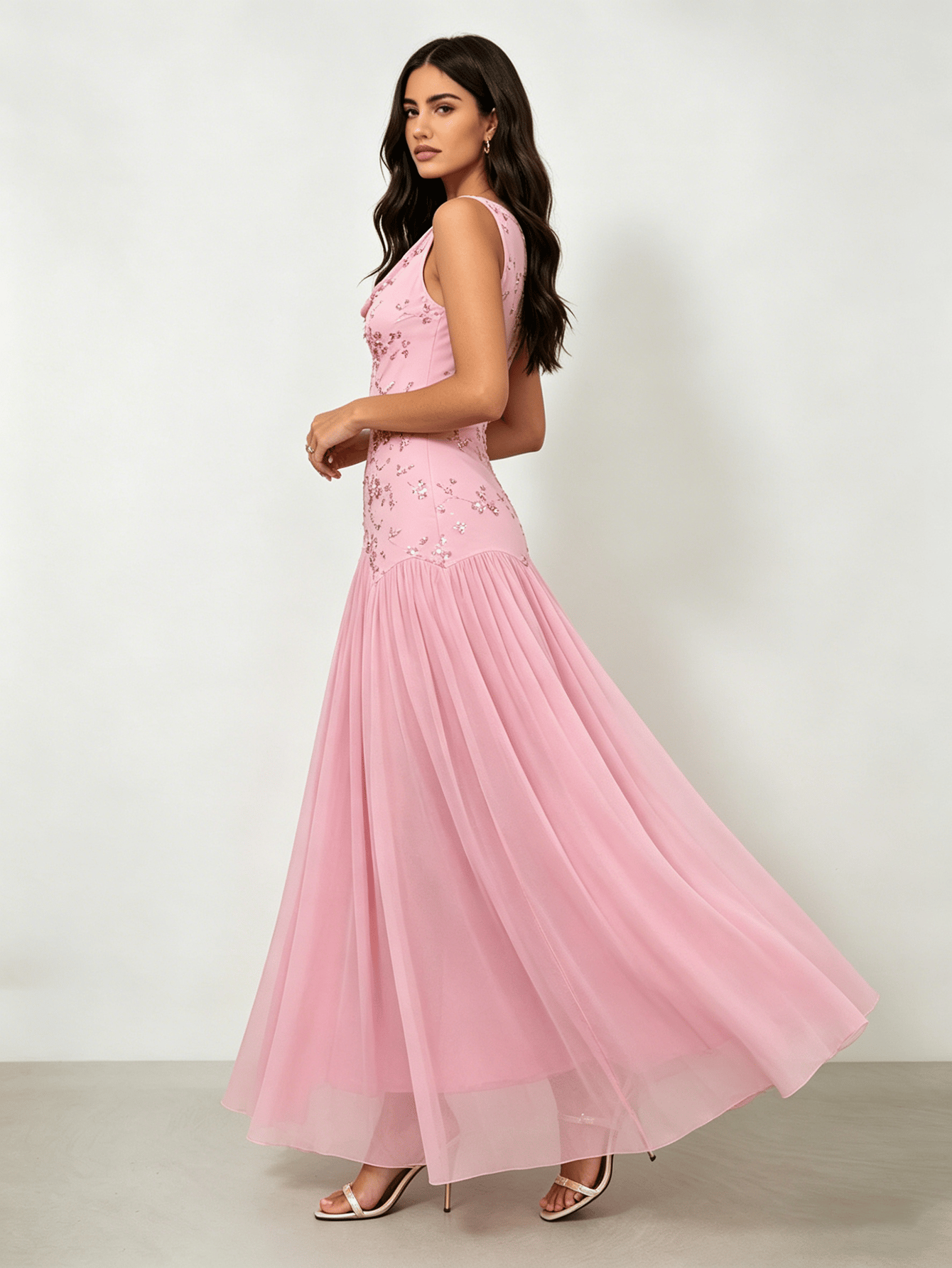 Pink Floral Sequin Cowl Neck Maxi Dress