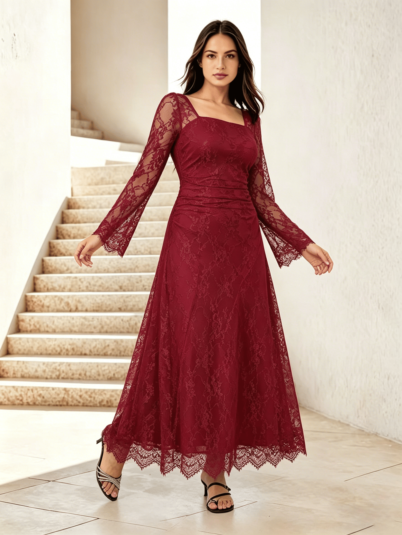 burgundy dress online Chic Floral Sequin Maxi Maroon Turkish Kaftan Formal Dress 36