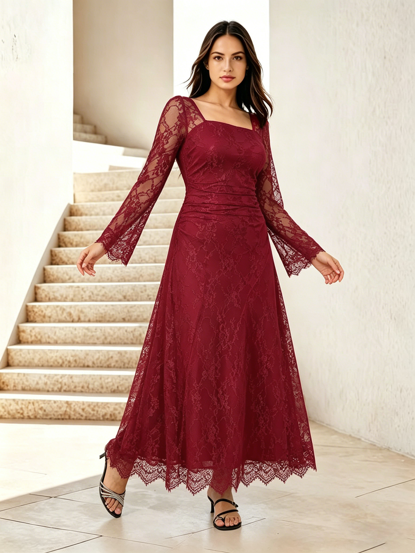 lace dress dubai Bree Dubai Blue Lace Mermaid Evening Dress with High Neck Flare Sleeve Blue / 10