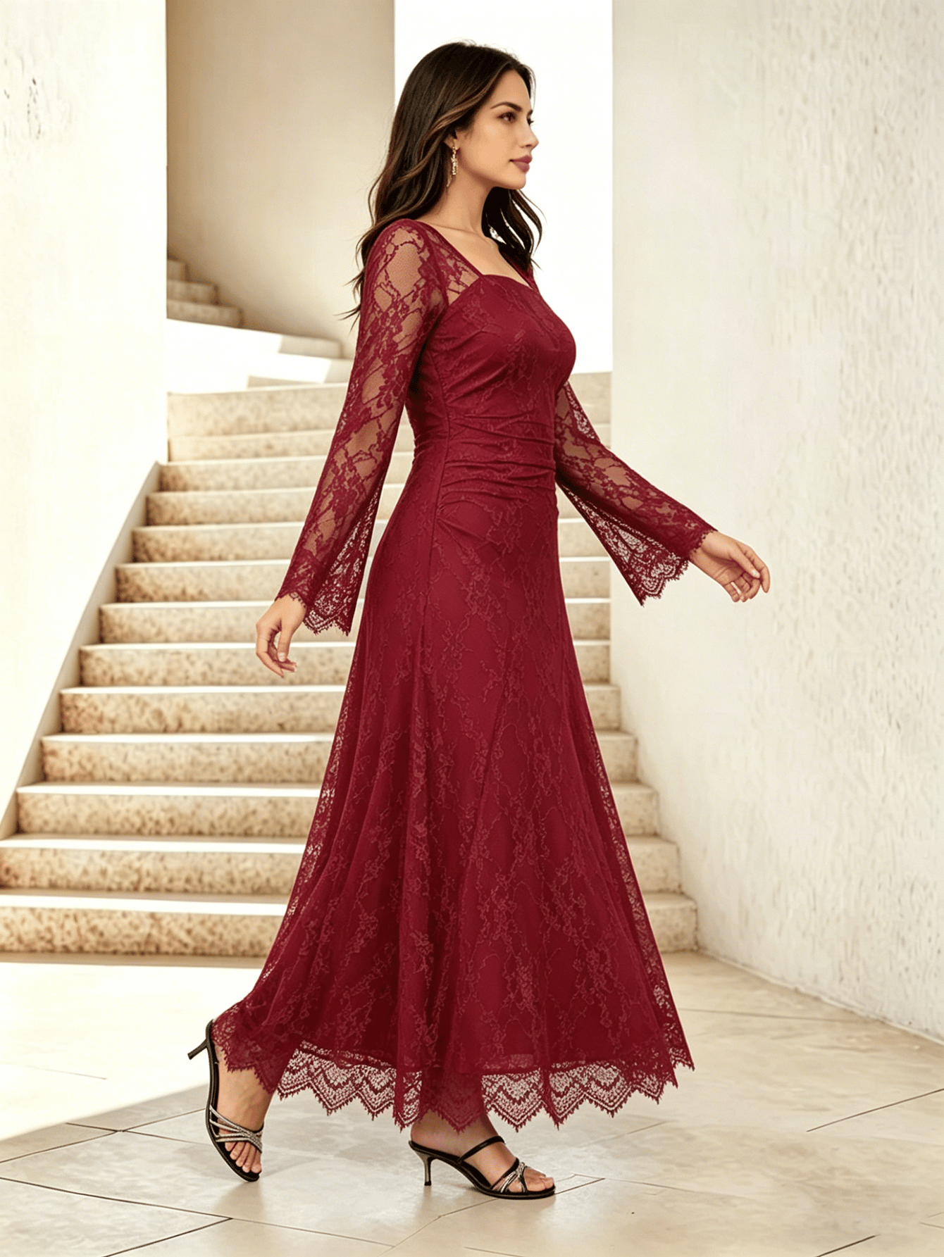 Burgundy Lace Insert Maxi Evening Dress For Women at Saudi | Styli