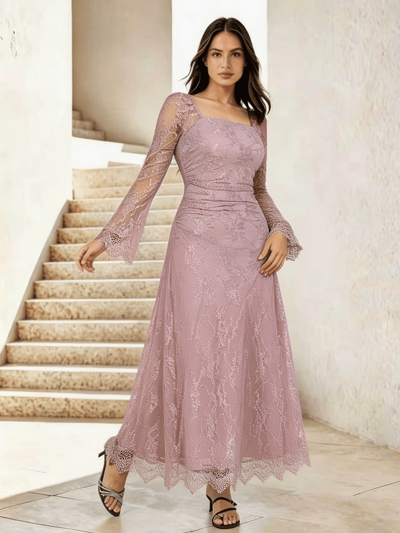 Lace Yoke Sleeveless A-Line Maxi Dress For Women at Saudi | Styli