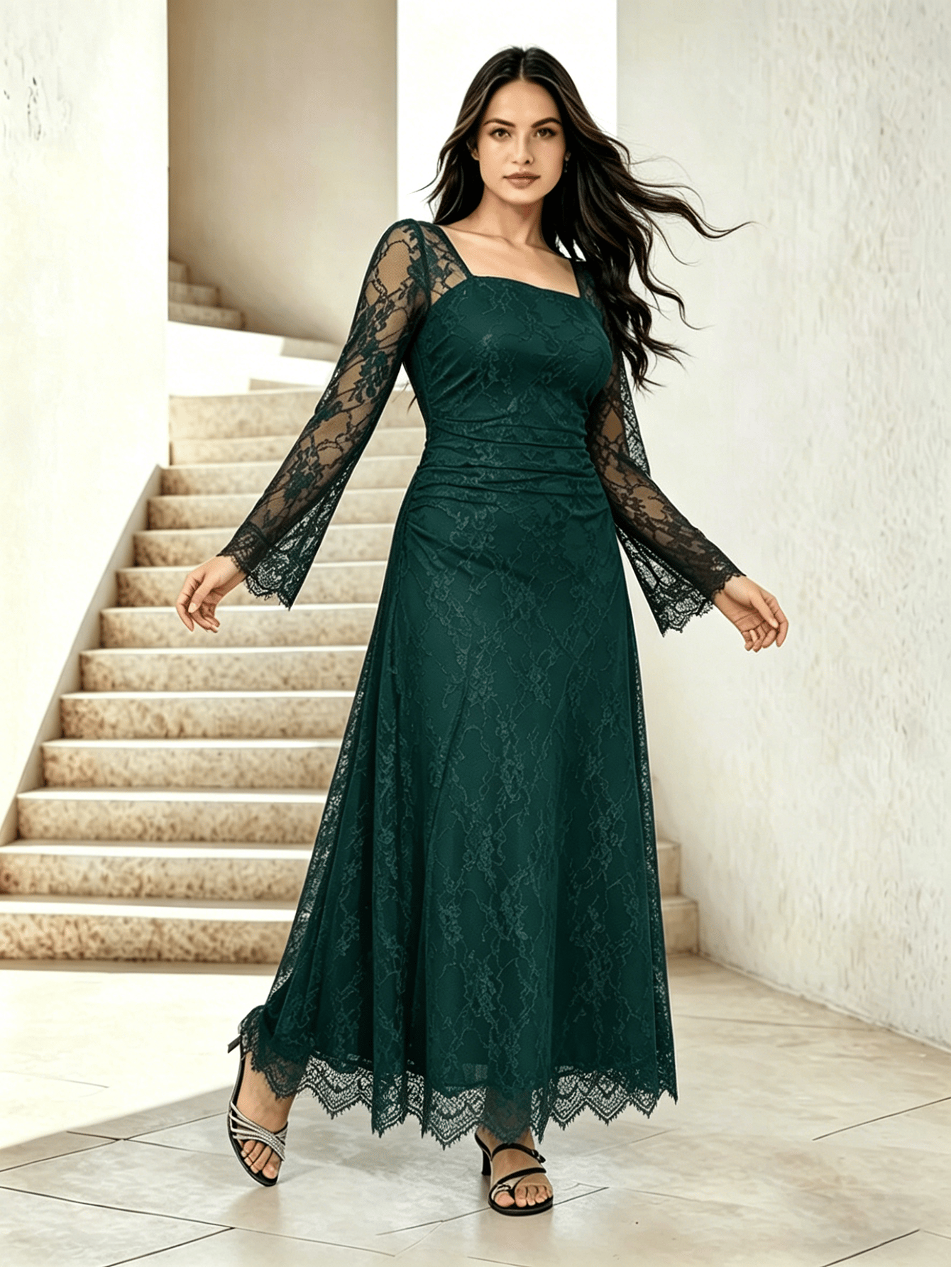 Dark Green Floral Lace Square Neck Maxi Dress For Women at Bahrain | Styli