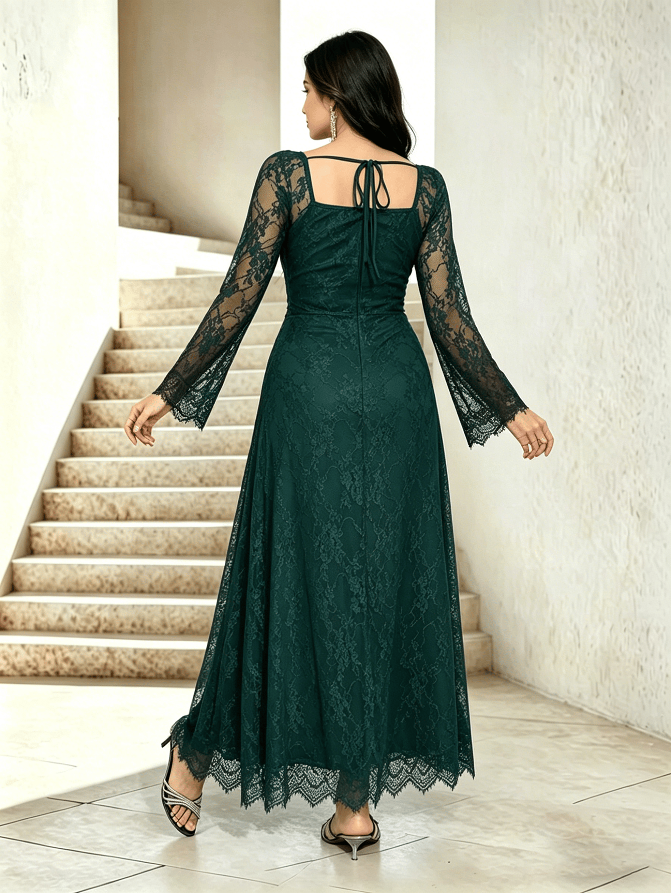 Dark Green Floral Lace Square Neck Maxi Dress For Women at Bahrain | Styli Dark Green Floral Lace Square Neck Maxi Dress For Women at Bahrain | Styli