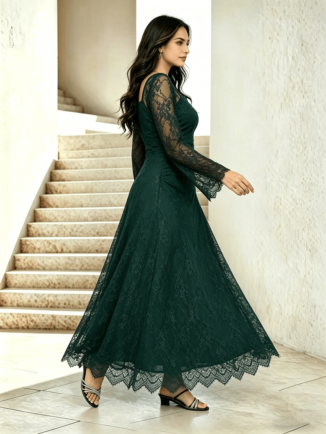 Dark Green Floral Lace Square Neck Maxi Dress For Women at Bahrain | Styli Dark Green Floral Lace Square Neck Maxi Dress For Women at Bahrain | Styli