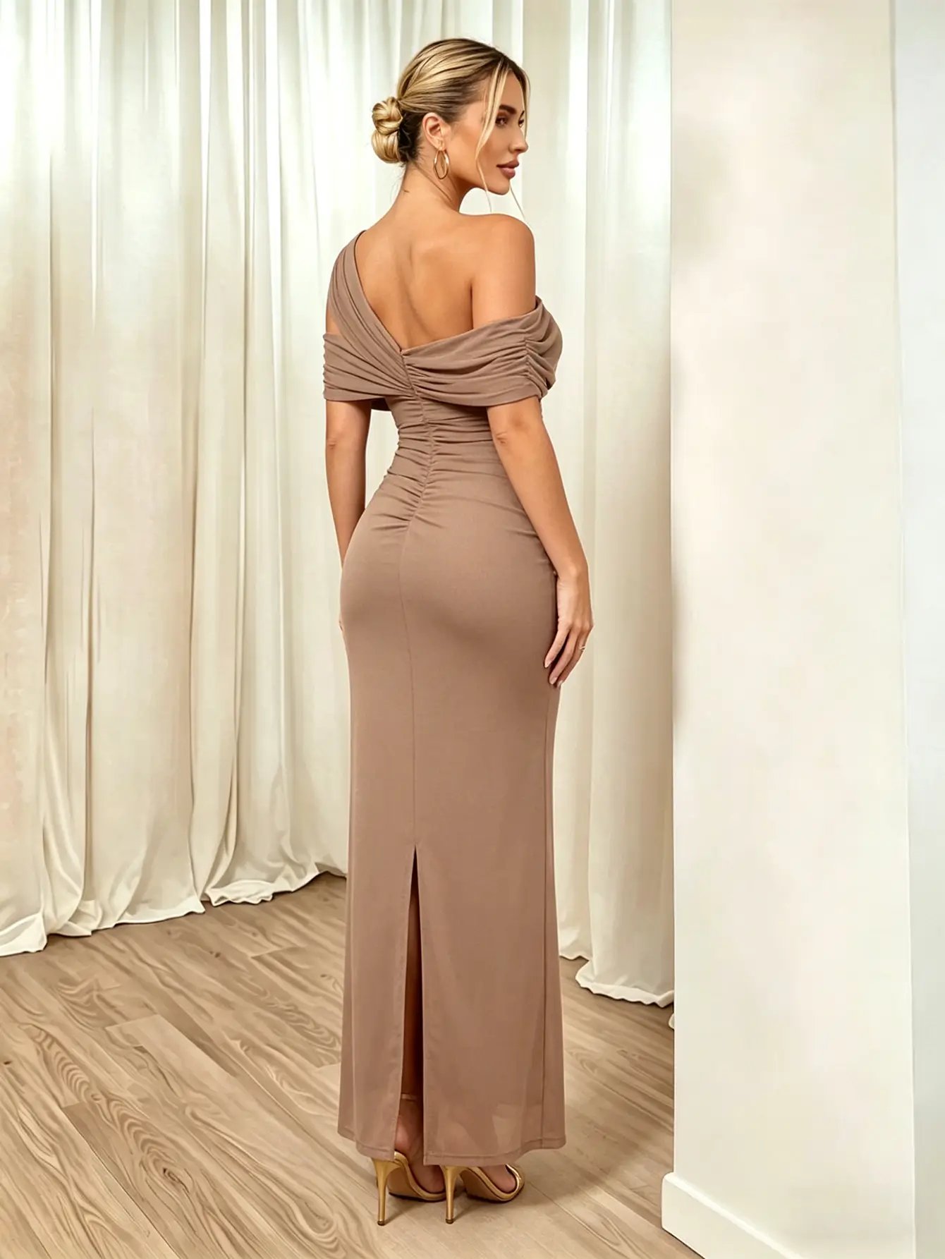Beige Draped Sleeve Bodycon Maxi Dress
