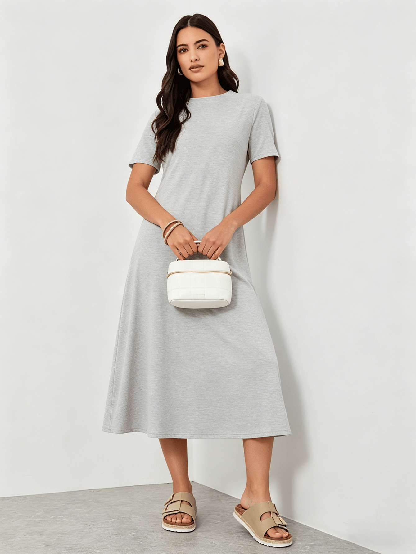 Grey Crew Neck T-Shirt Midi Dress