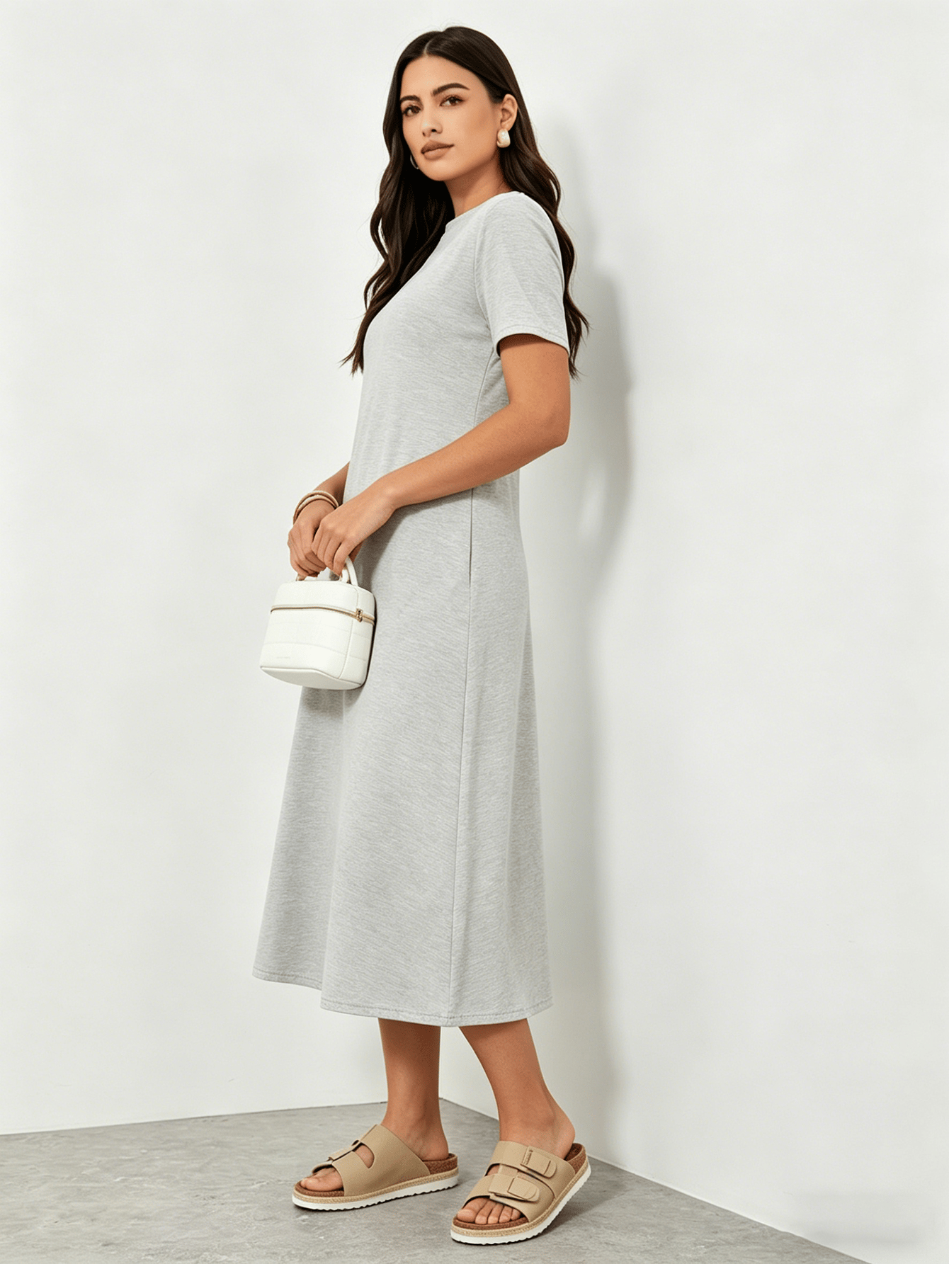 Grey Crew Neck T-Shirt Midi Dress