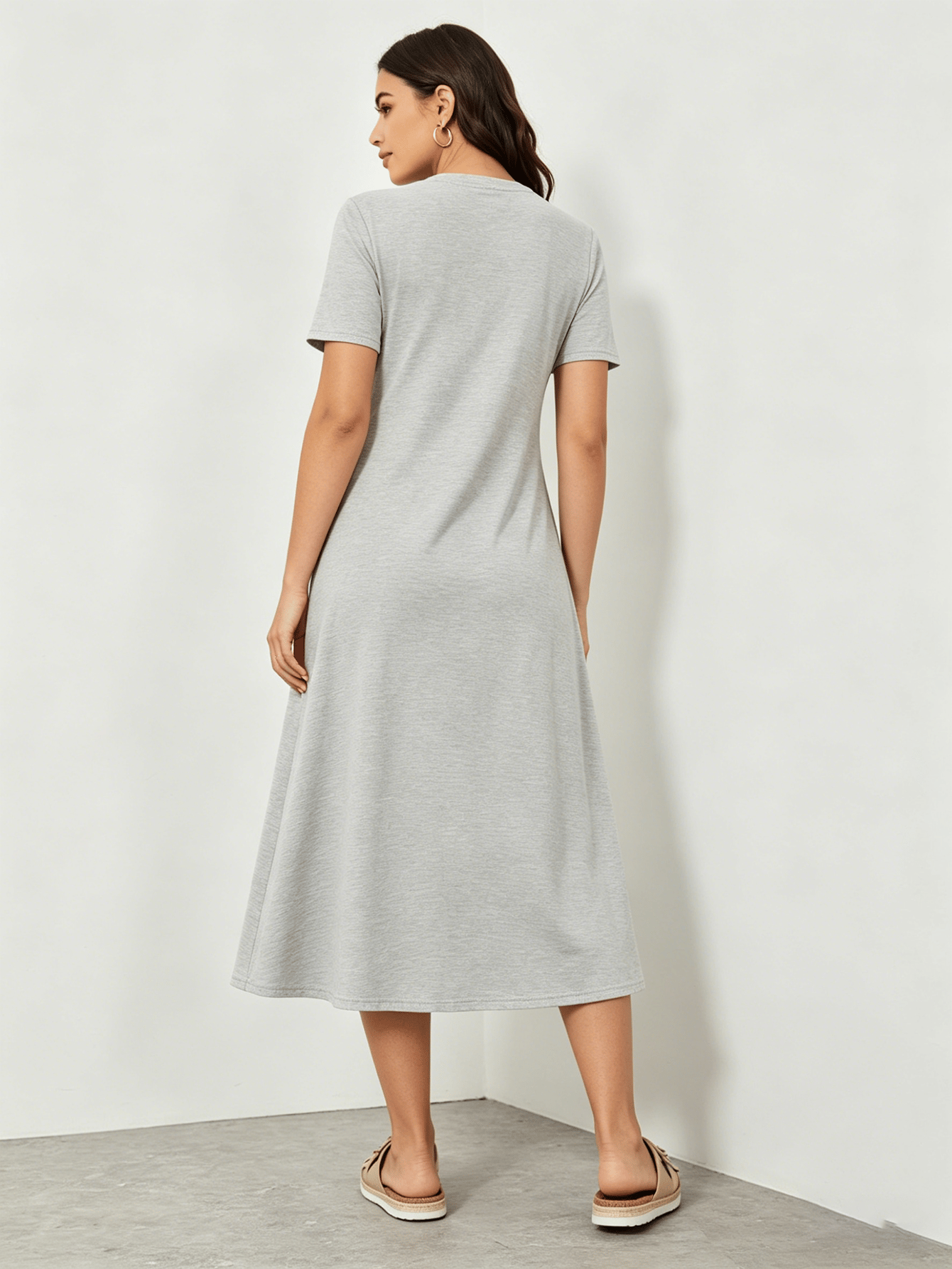 Grey Crew Neck T-Shirt Midi Dress
