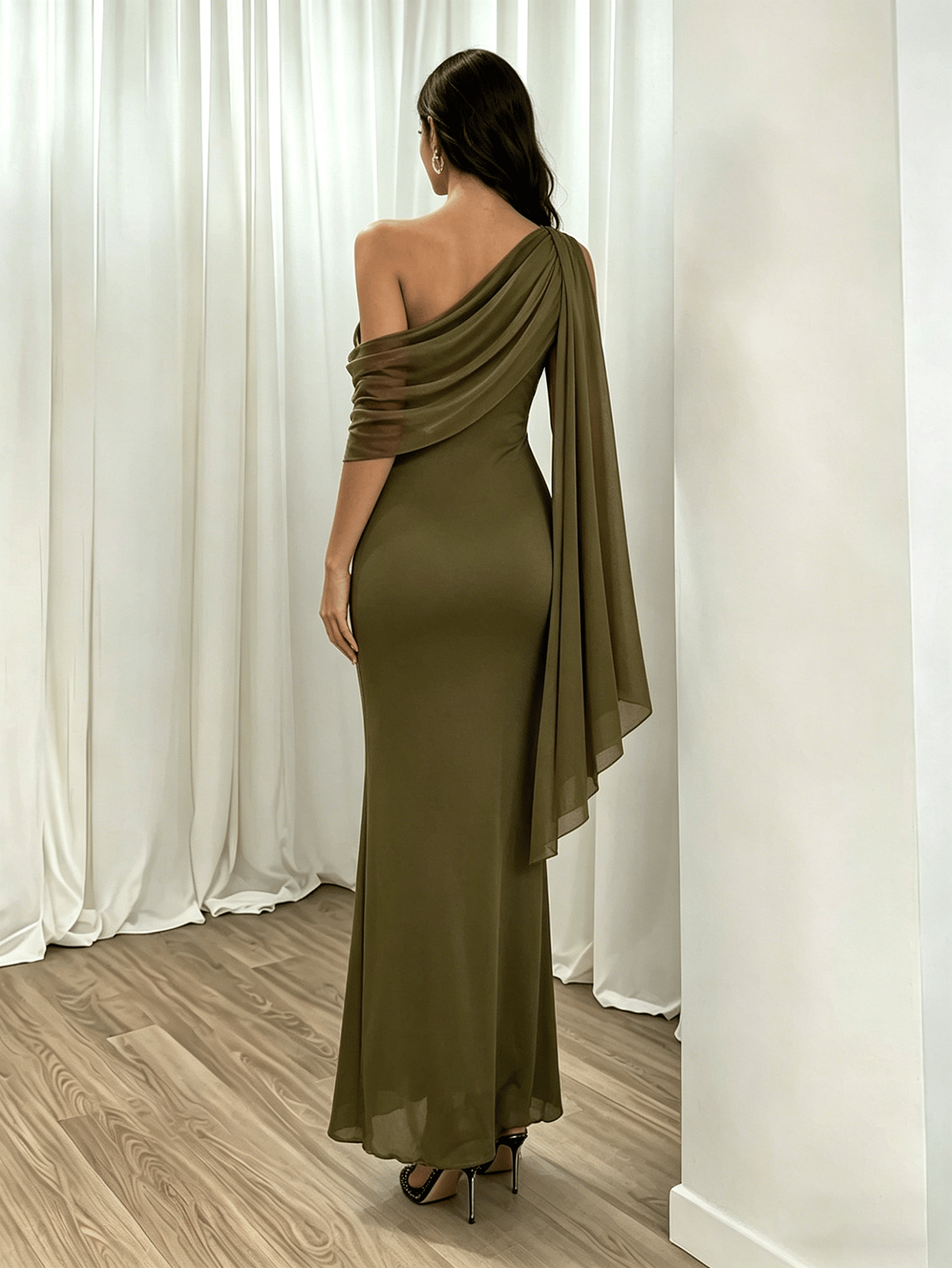 Olive One-Shoulder Draped Chiffon Maxi Dress