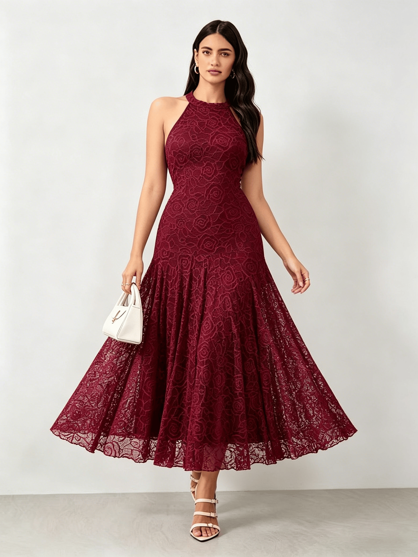 Burgundy Floral Lace Midi Dress