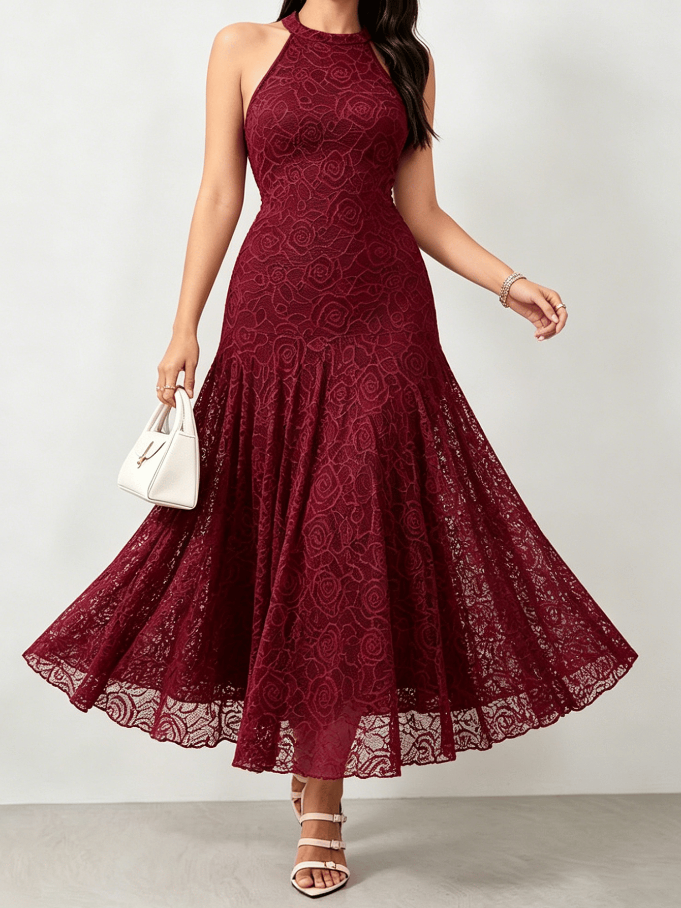 Burgundy Floral Lace Midi Dress