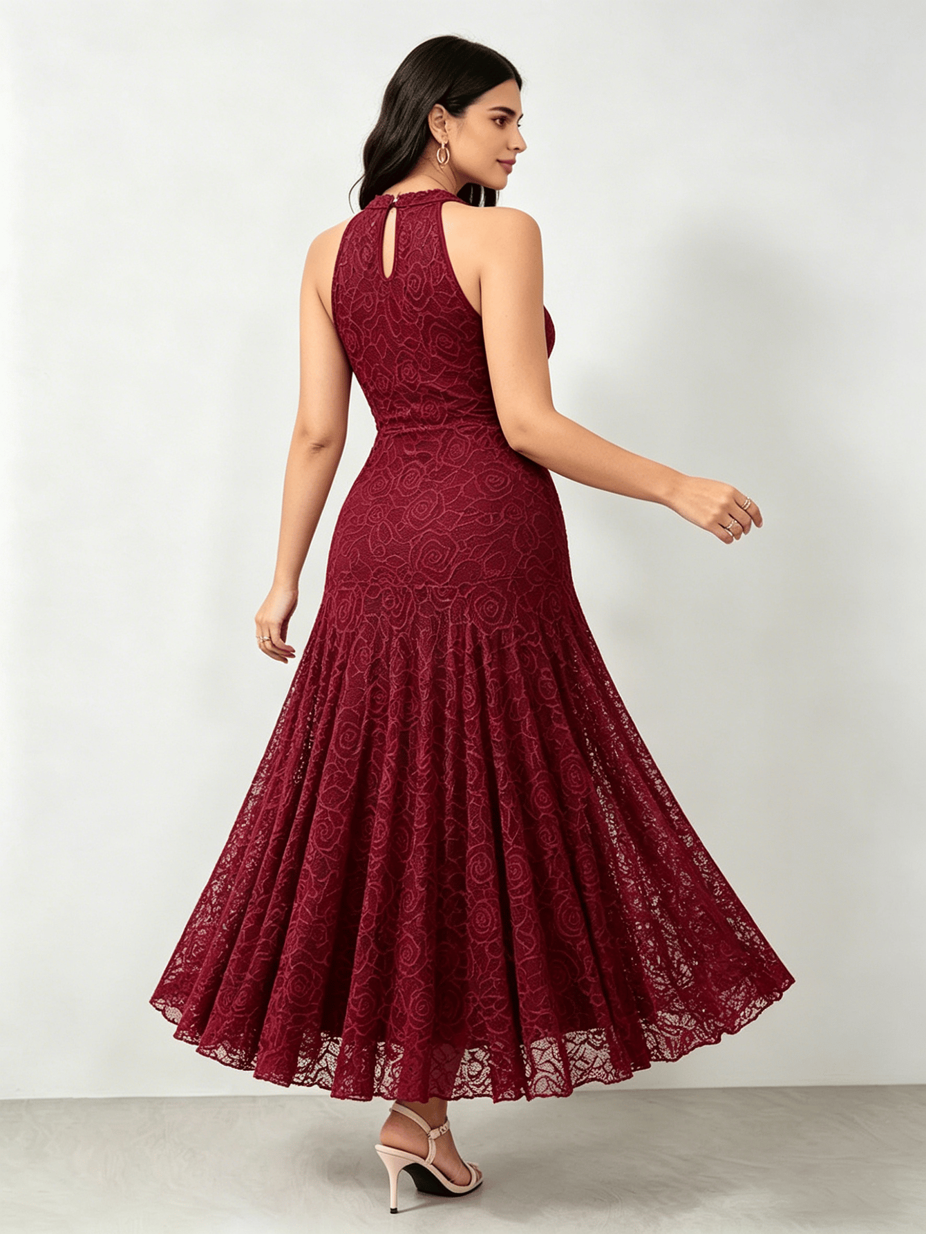 Burgundy Floral Lace Midi Dress