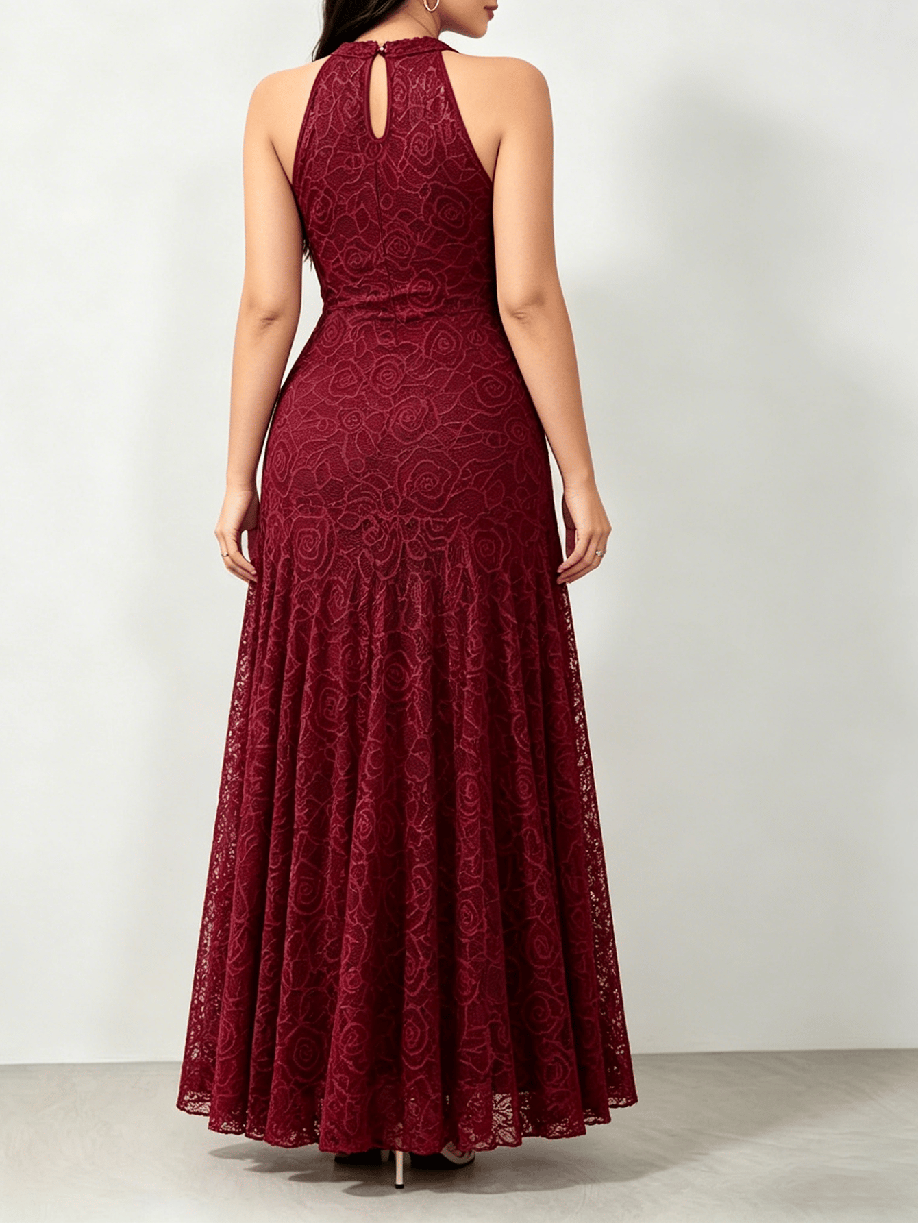 Burgundy Floral Lace Midi Dress