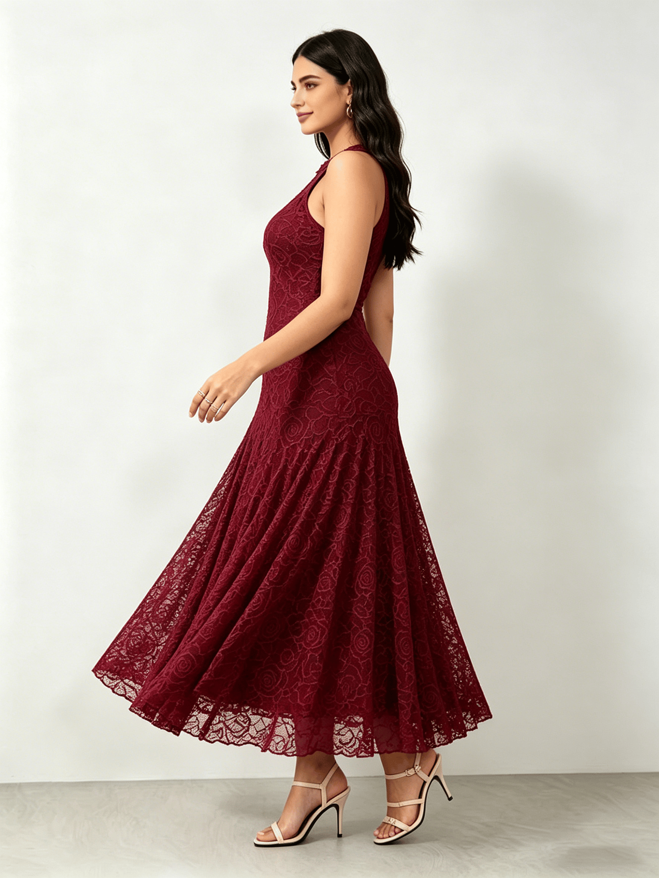 Burgundy Floral Lace Midi Dress