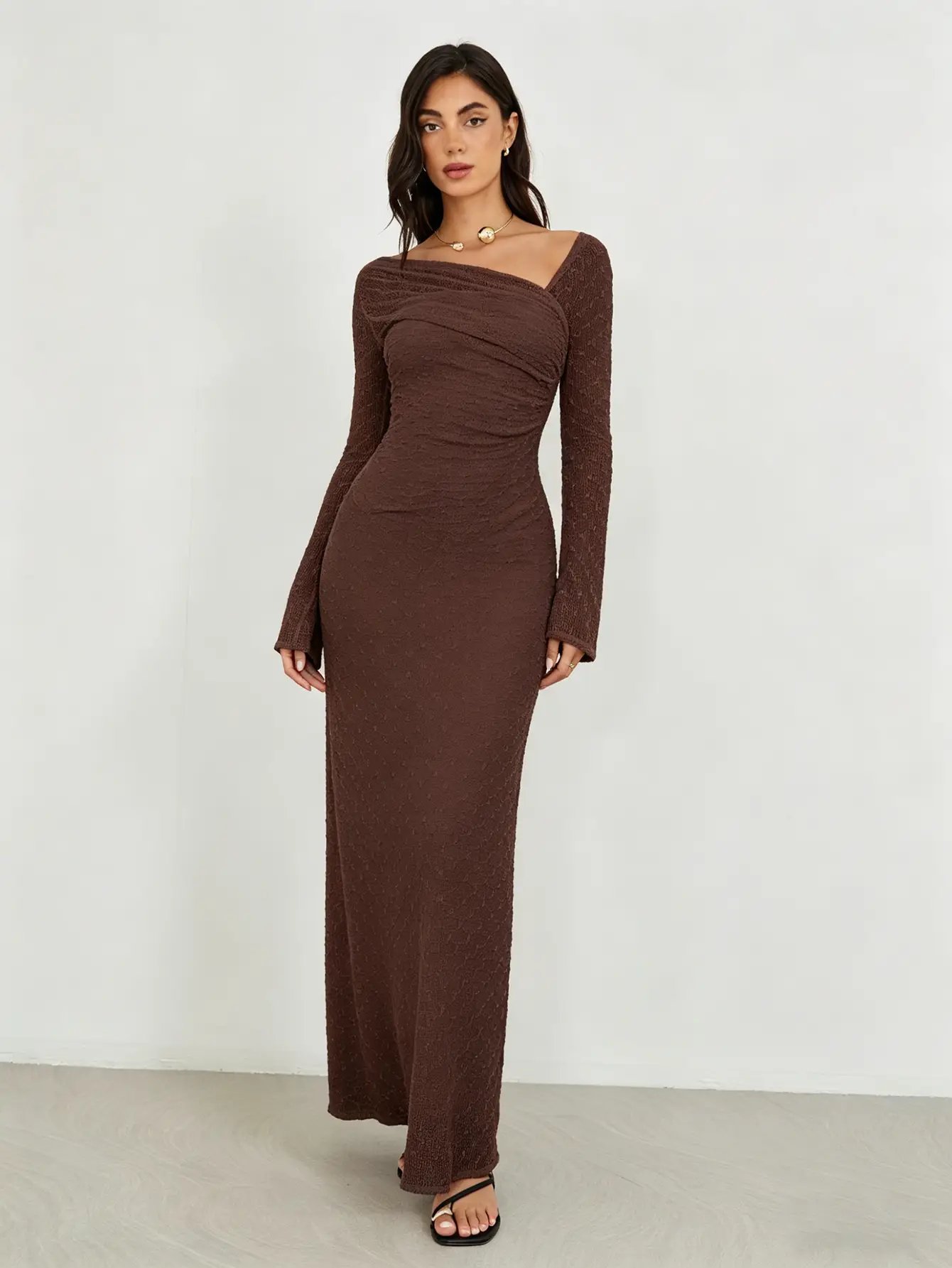 Brown Textured Asymmetric Neck Maxi Dress
