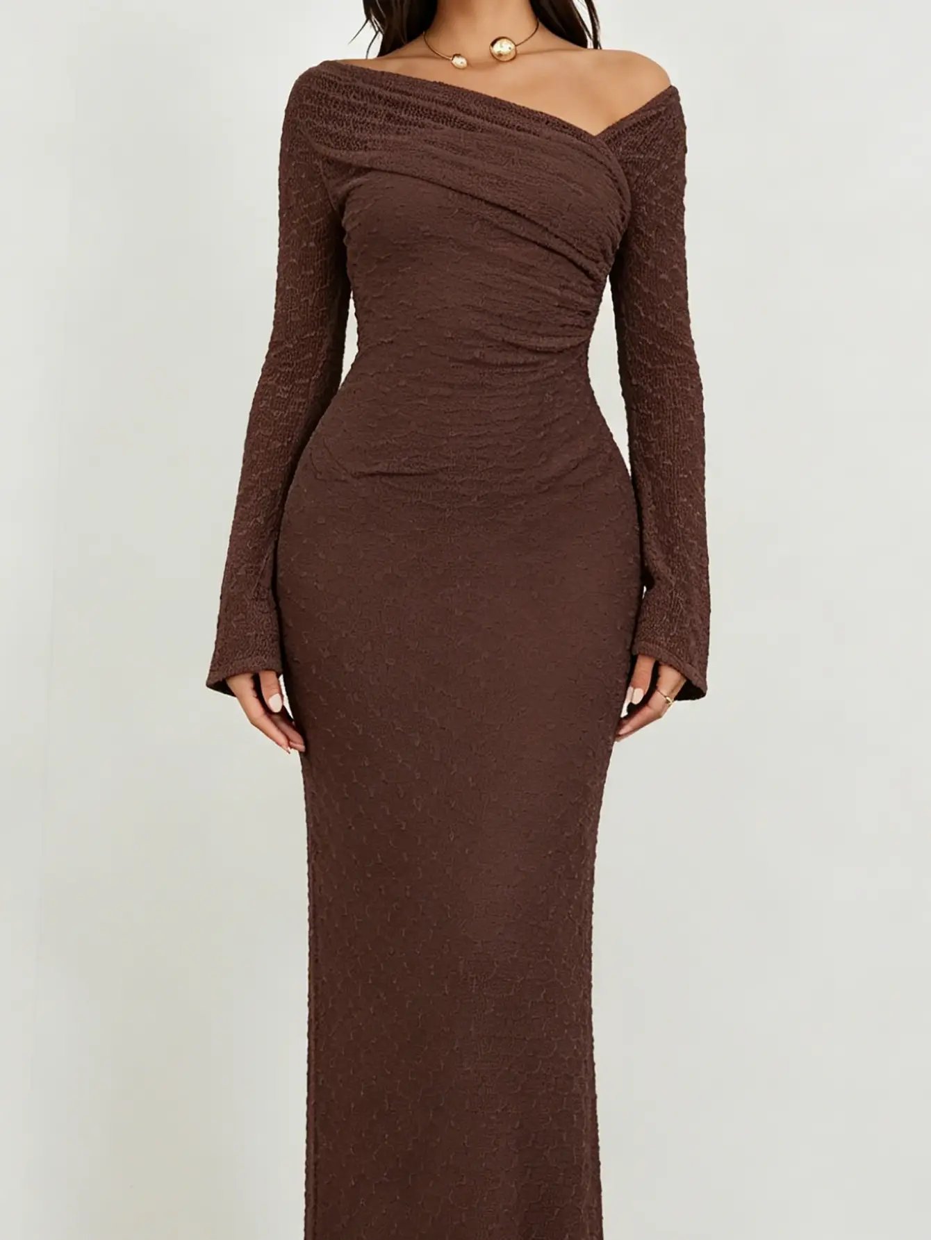 Brown Textured Asymmetric Neck Maxi Dress