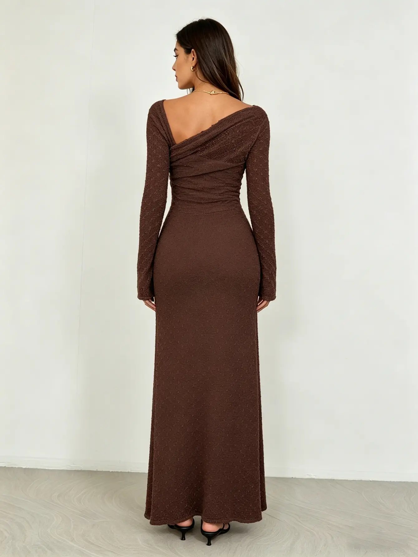 Brown Textured Asymmetric Neck Maxi Dress