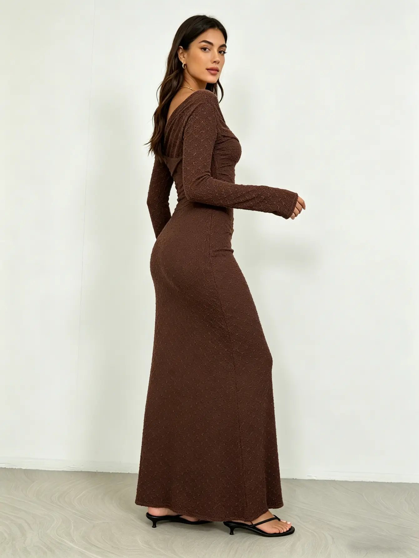 Brown Textured Asymmetric Neck Maxi Dress