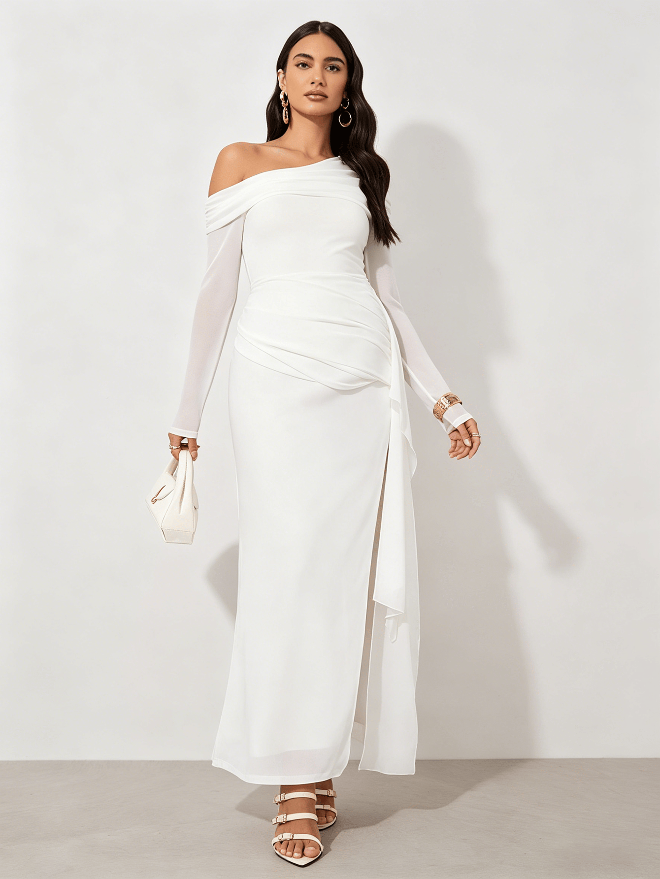 White Asymmetric Neck Maxi Dress