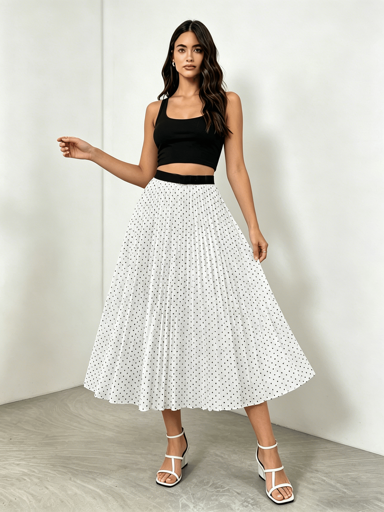 White Polka Dot Pleated Midi Skirt
