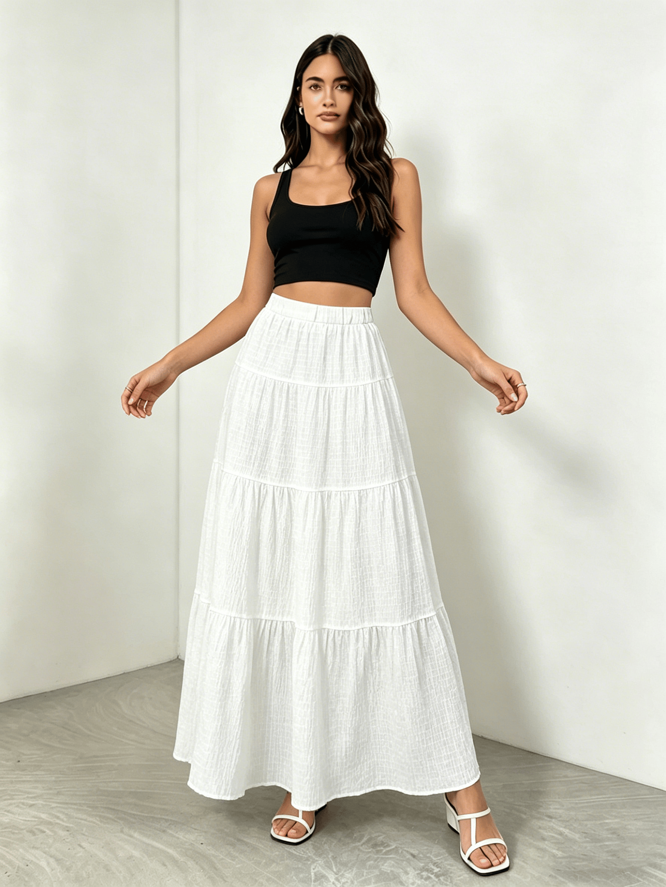 White Solid Tiered Maxi Skirt