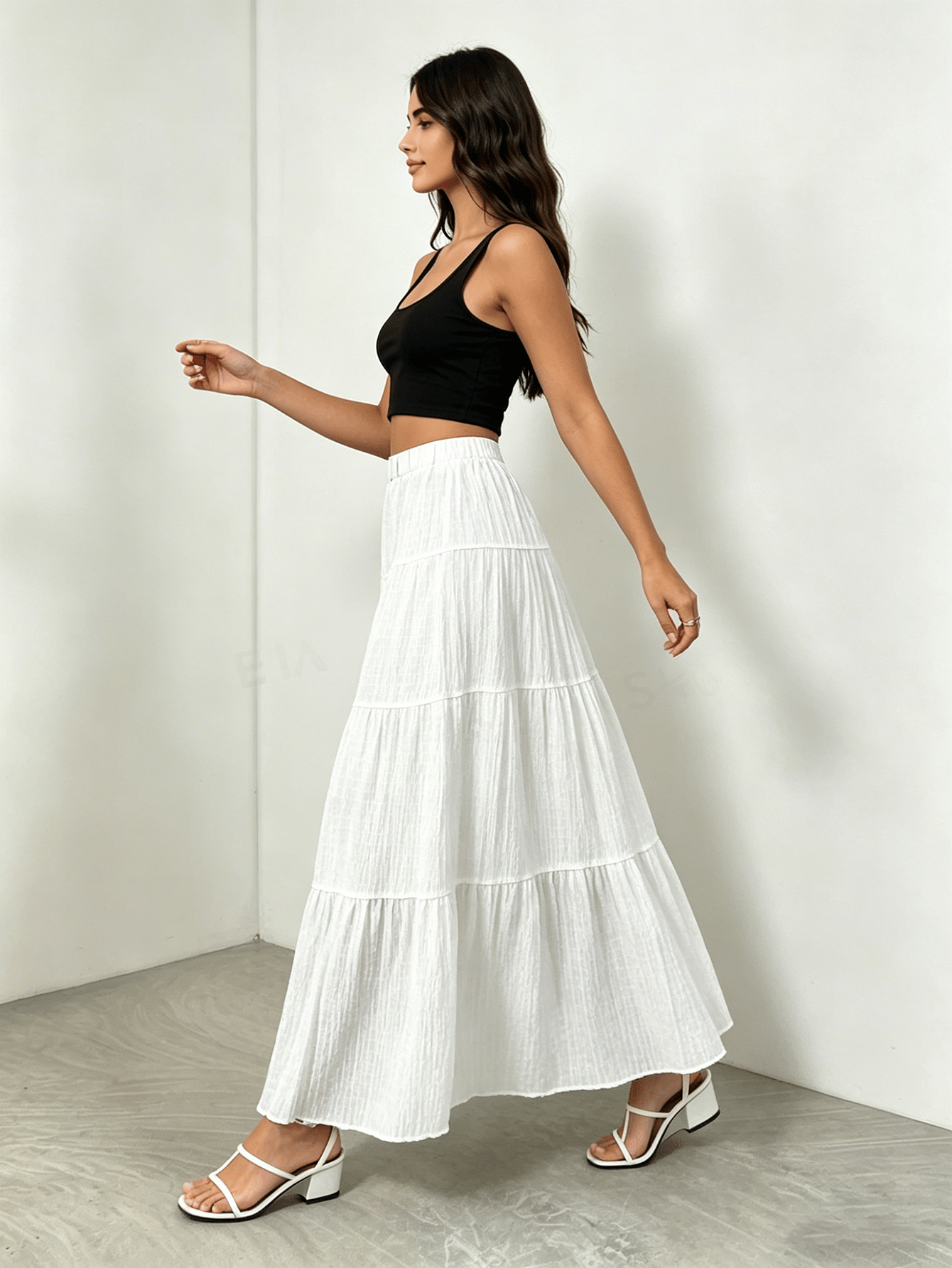 White Solid Tiered Maxi Skirt